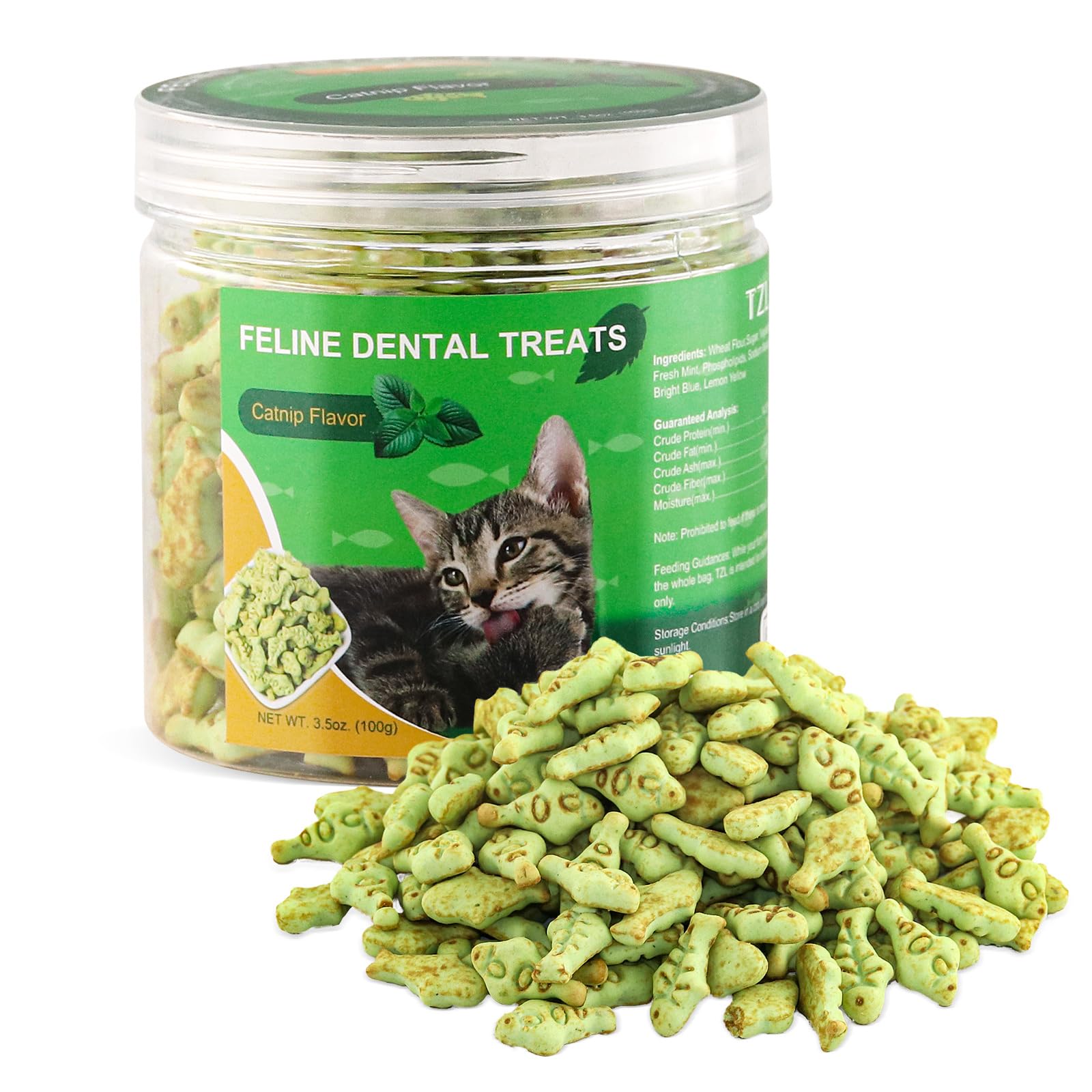 **TZL Crunchy Fish-Shaped Cat Treats – Natural & Delicious Catnip-Flavored Snacks for Kittens & Adult Cats – 3.5 oz Tub – Perfect for Training, Rewards & Playtime**