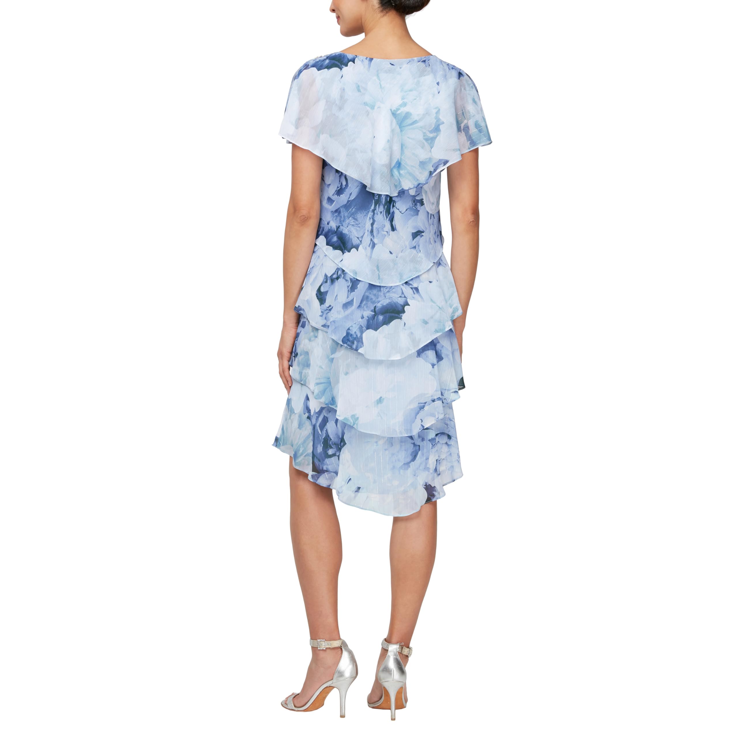 S.L. Fashions Women's Floral Chiffon Tiered Cocktail Dress - Short Sleeve Wedding Guest Dress for Spring & Summer | Perfect for Garden Parties, Bridal Showers & Formal Events