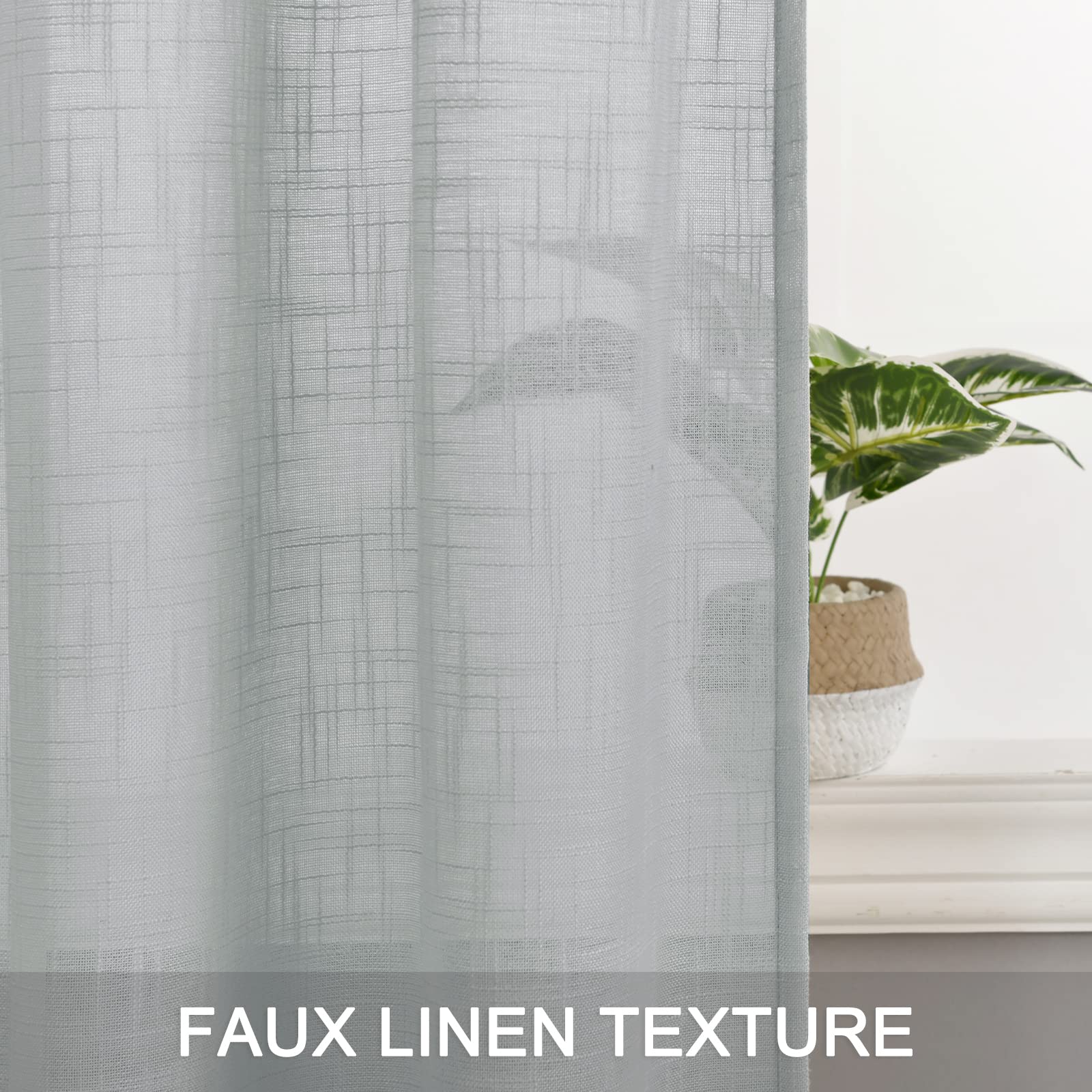 DWCN Grey Sheer Curtains - Faux Linen Textured Rod Pocket Window Panels (Set of 2, 52x45 Inches) for Living Room, Bedroom & Office - Light Filtering Semi Voile Drapes for Privacy & Natural Light