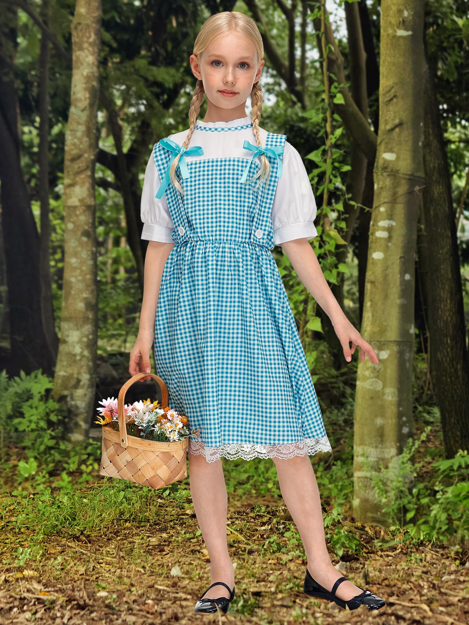 Blue Gingham Puff Sleeve Midi Dress for Girls 5-14 Years | Halloween Costume with Matching Hair Bows | Perfect for Trick-or-Treating, Costume Parties & Photo Shoots