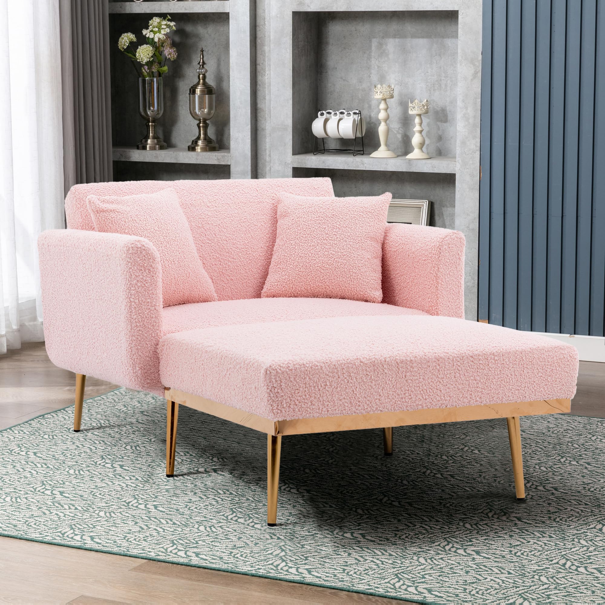 3-in-1 Convertible Chaise Lounge Chair with Ottoman - Modern Recliner Sleeper & Reading Accent Chair for Living Room, Home Office & Study - Includes 2 Comfort Pillows (Pink Teddy Fabric) - Perfect for Relaxing, Napping & Entertaining Guests