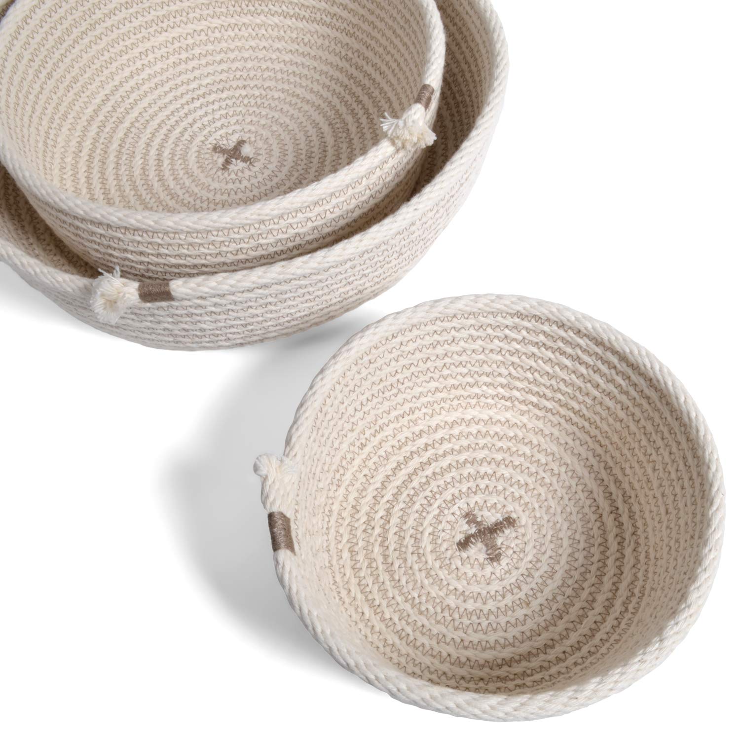 Handmade Rope Nesting Baskets Set of 3 - White & Taupe Woven Storage Bins for Home Organization | Perfect for Living Room, Bedroom & Nursery Decor