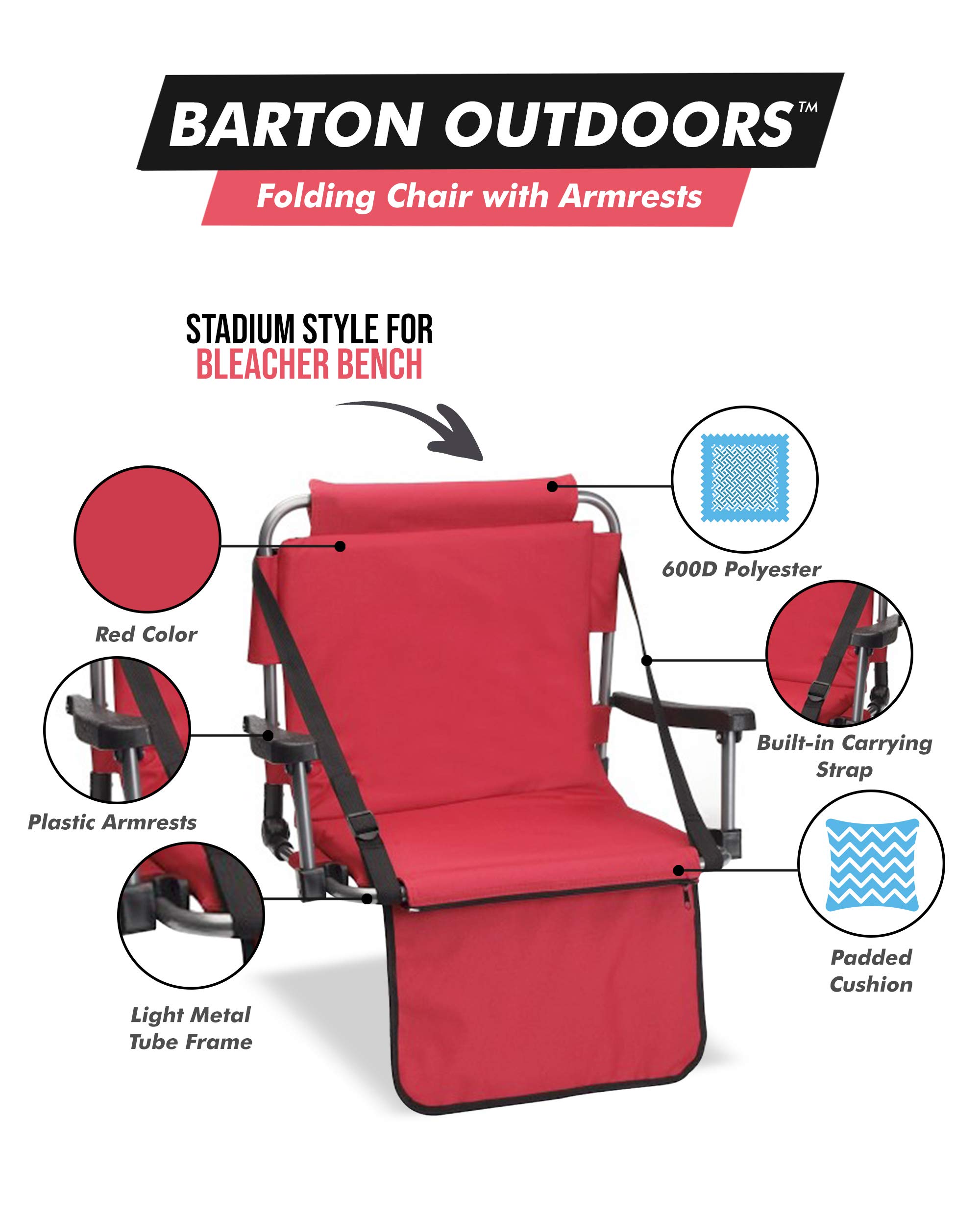 Portable Folding Chair with Padded Cushion & Plastic Armrests - Lightweight Metal Frame Stadium Seating for Outdoor Events, Sports Games, Camping & Picnics - Spring-Loaded Hooks for Secure Bleacher Attachment