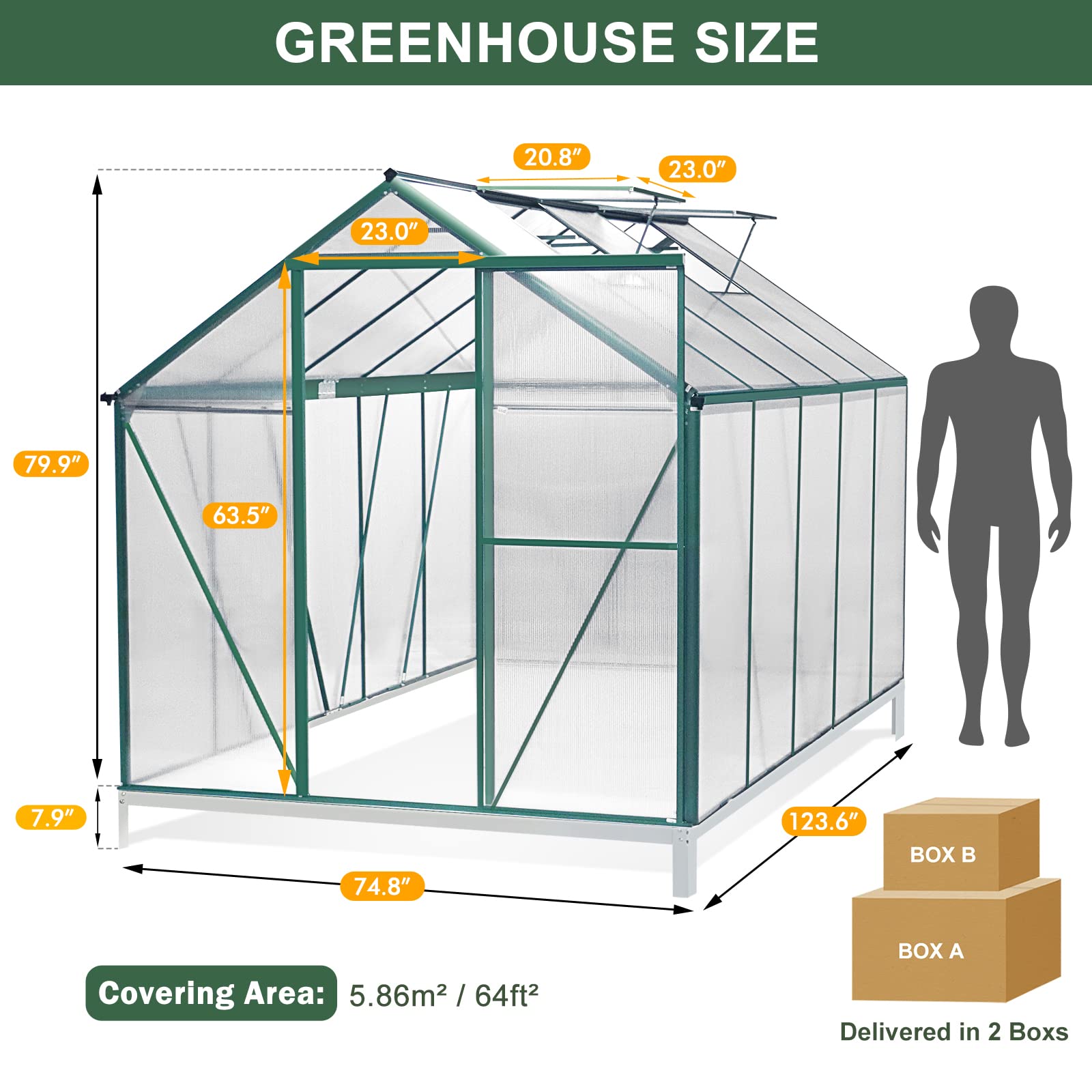 6.2x10.2 FT Heavy Duty Walk-In Greenhouse - Polycarbonate Panels & Aluminum Frame with 2 Vent Windows & Lockable Door - Perfect for Outdoor Gardening, Backyard Plant Nursery & Year-Round Growing