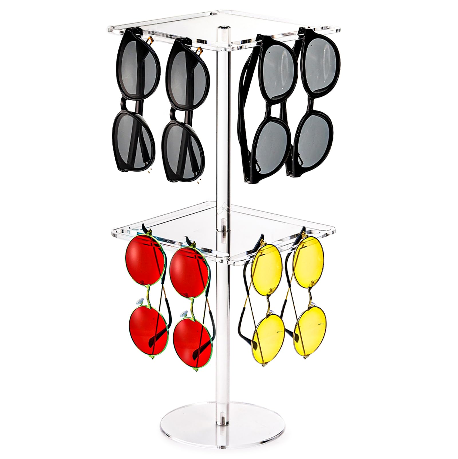 360° Rotating Acrylic Sunglasses Display Stand - 2 Tier Clear Eyeglass Holder for Retail Stores & Boutiques | Eyewear Organizer for Countertop, Tabletop & Optical Shop Displays