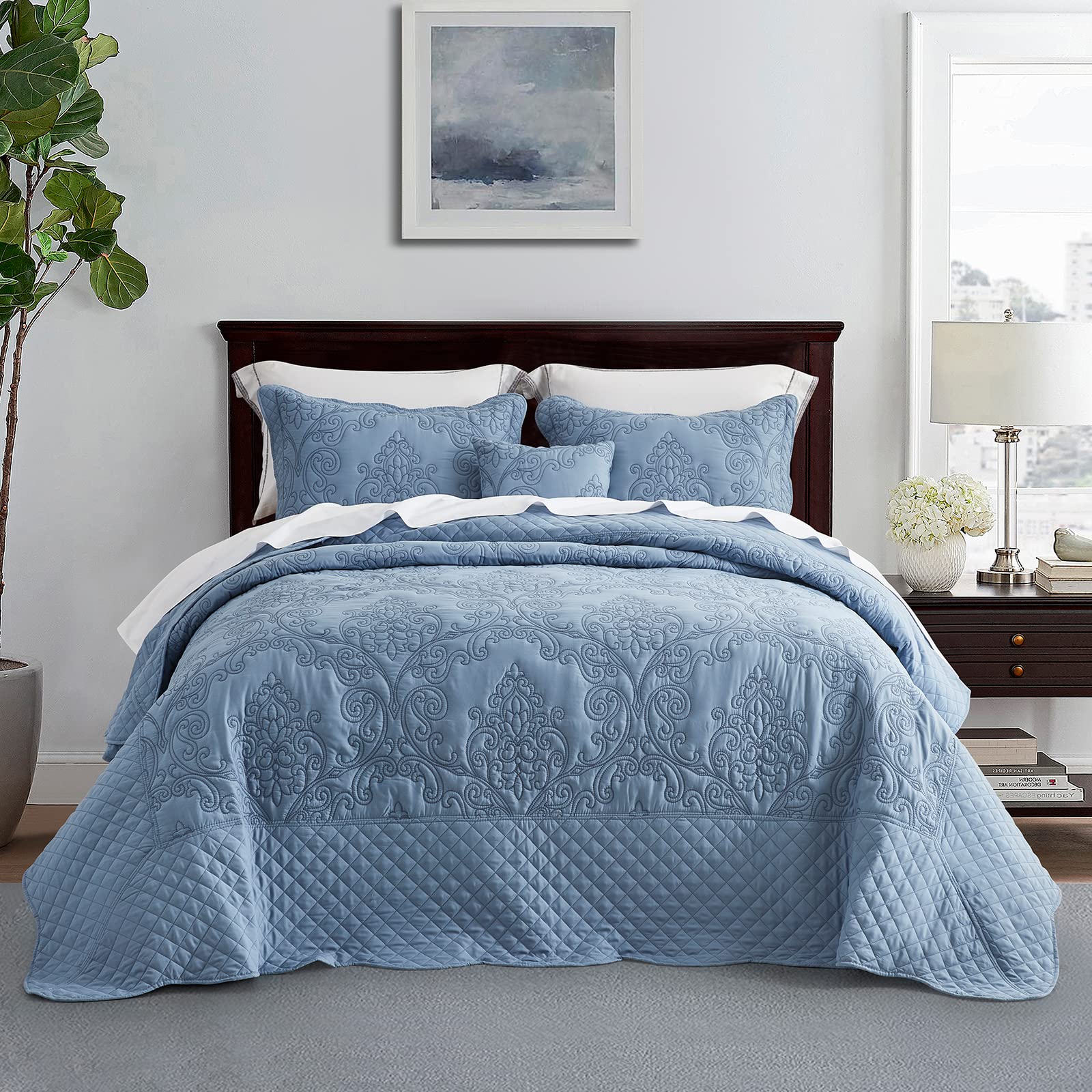 Luxury CHIXIN Queen Size Bedspread Coverlet Set - Lightweight Reversible 4-Piece Bedding with Damask Paisley Pattern - Beautiful Stitching (Ashley Blue) - Perfect for Master Bedroom, Guest Room & Vacation Homes