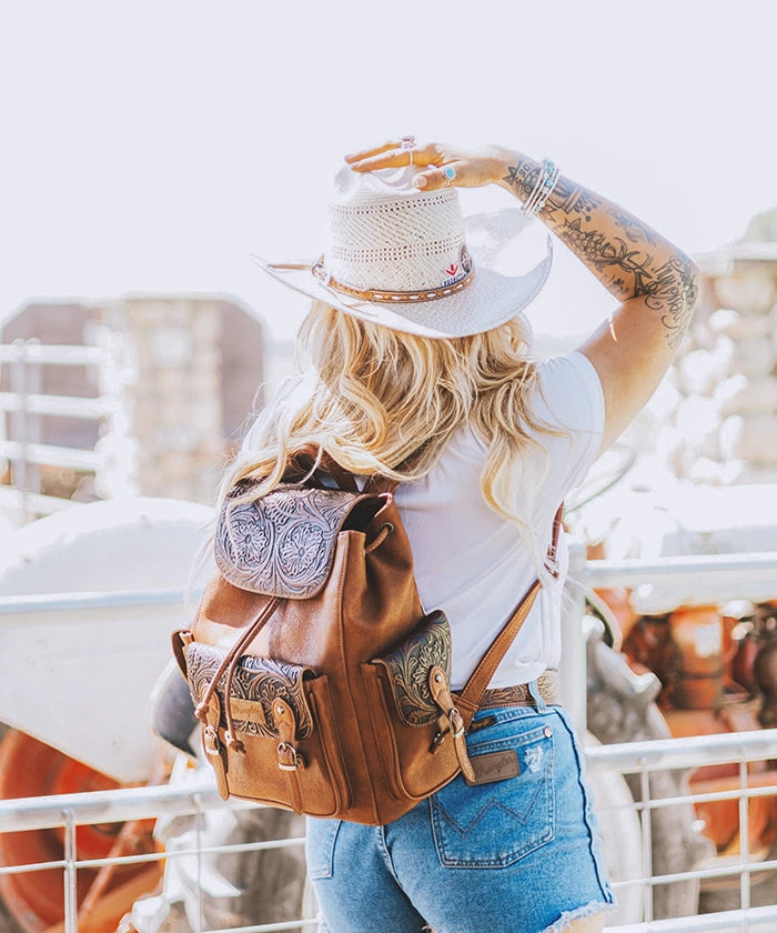 Wrangler Floral Tooled Concealed Carry Backpack for Women & Men - Tactical EDC Hiking Daypack with Hidden Gun Pocket - Perfect for Outdoor Adventures, Travel & Everyday Use