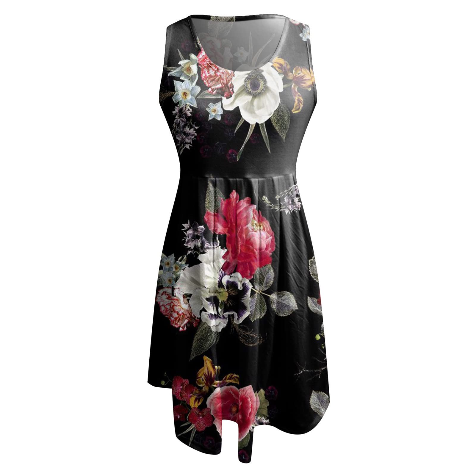 2023 Plus Size Easter Dresses for Women - Casual Loose Floral Printed Tank Dress with Pleated Sleeveless Design, Solid O-Collar Sun Dress (Medium, Black) - Perfect for Summer Parties, Church Events & Outdoor Gatherings