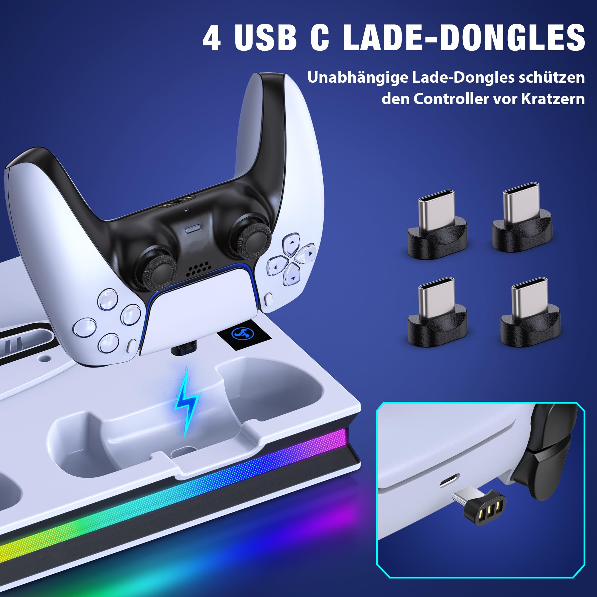 PS5 Stand with LED Light for PS5 Slim - 3-Speed Cooling Fan, Dual Controller Charger, Headset Hook & 4 USB-C Ports - Gaming Accessories for PS5 Slim Disc & Digital Edition - Perfect for Gaming Setups & Entertainment Centers