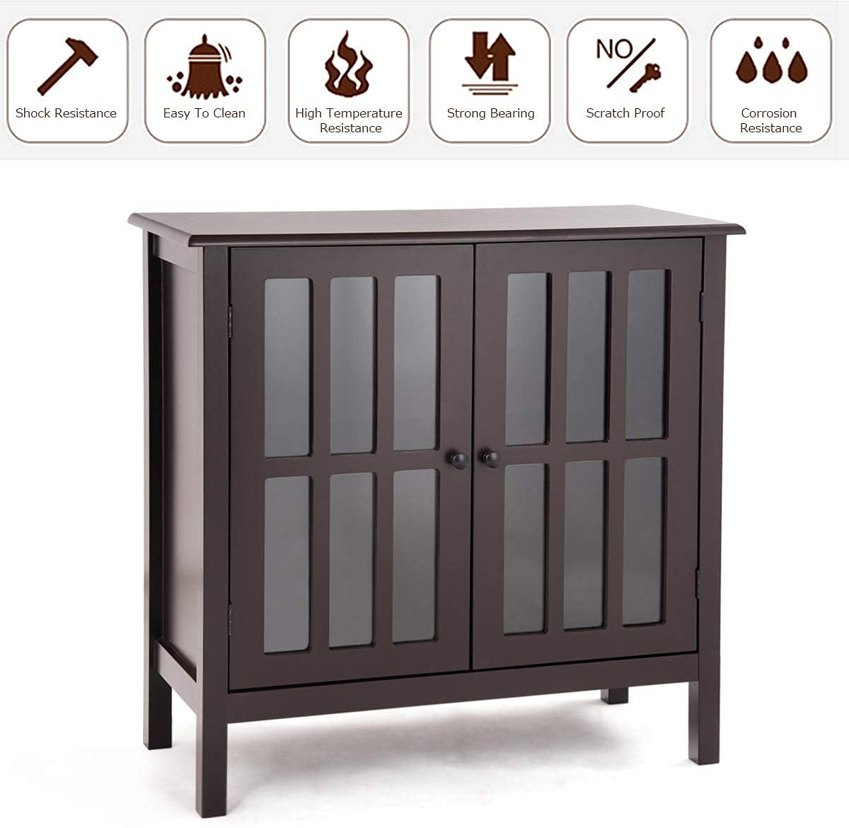 Modern Storage Cabinet with 2 Glass Doors & Solid Wood Legs - Multifunctional Console Table, Sideboard Buffet Display Cabinet for Kitchen, Hallway, Living Room - Perfect for Home Organization & Stylish Decor (Brown)