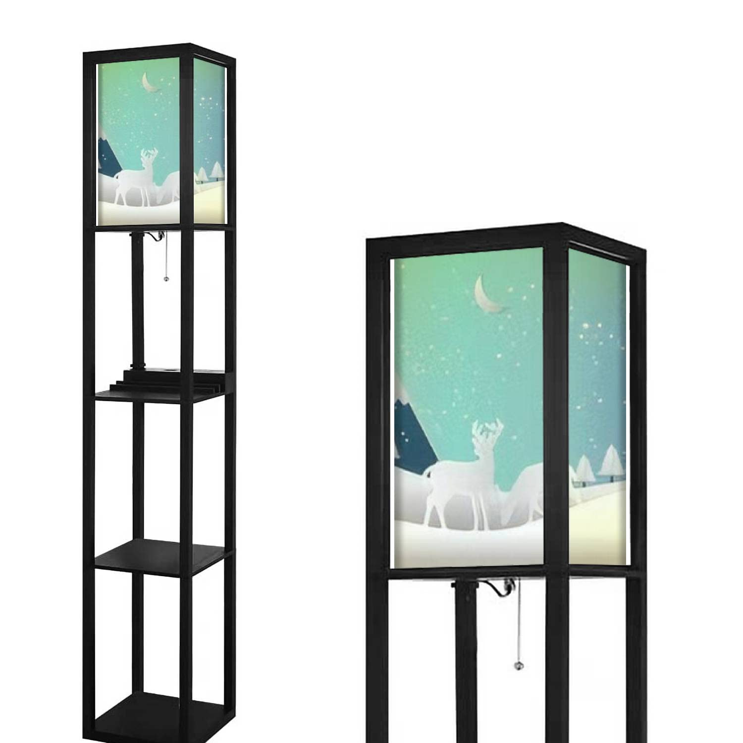 Modern Snow Forest & Deer Floor Lamp with Shelves - USB Ports & Power Outlet - Linen Fabric Shade - Tall Corner Standing Lamp for Living Room, Bedroom - Perfect for Reading Nook, Home Office & Cozy Nighttime Ambience