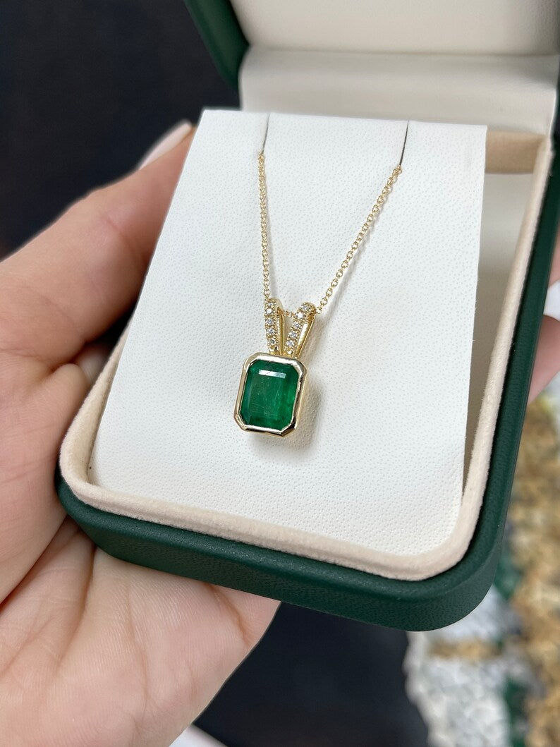 3.17tcw 14K Gold Natural Dark Green Emerald & Diamond Pendant Necklace - Elegant Jewelry Gift for Women, Perfect for Weddings, Anniversaries & Special Occasions