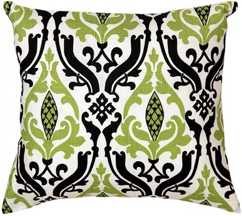 Linen Damask Print Green & Black 16x16 Throw Pillow - Decorative Cushion for Sofa, Bed & Home Décor