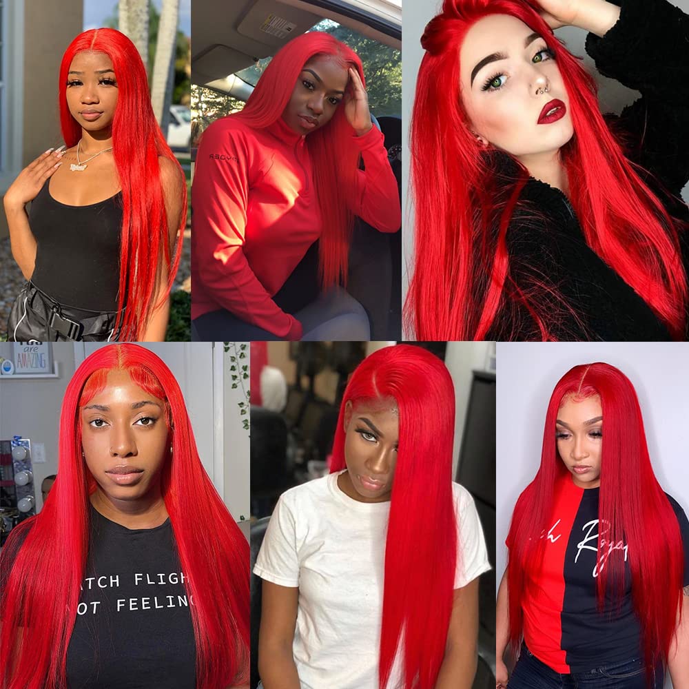 Red Long Straight Synthetic Lace Front Wig - Heat Resistant & Glueless for Women | Perfect for Cosplay, Halloween, and Daily Fashion