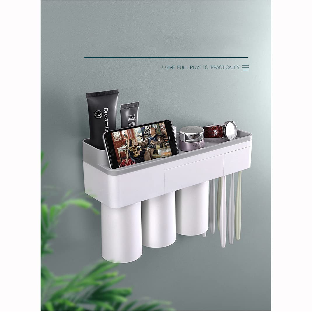Premium Toothbrush Holder with Mouthwash Cup & Toothpaste Squeezer - 2 Cup Design (Powder) for Bathroom Organization & Countertop Storage