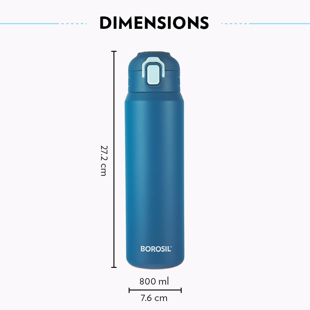 Borosil Aquasport 800ml Stainless Steel Insulated Water Bottle - 10 Hours Hot & Cold Retention, Double Wall Vacuum Insulated Flask for Office, Gym, School, Hiking & Outdoor Activities - 1 Year Warranty (Blue)