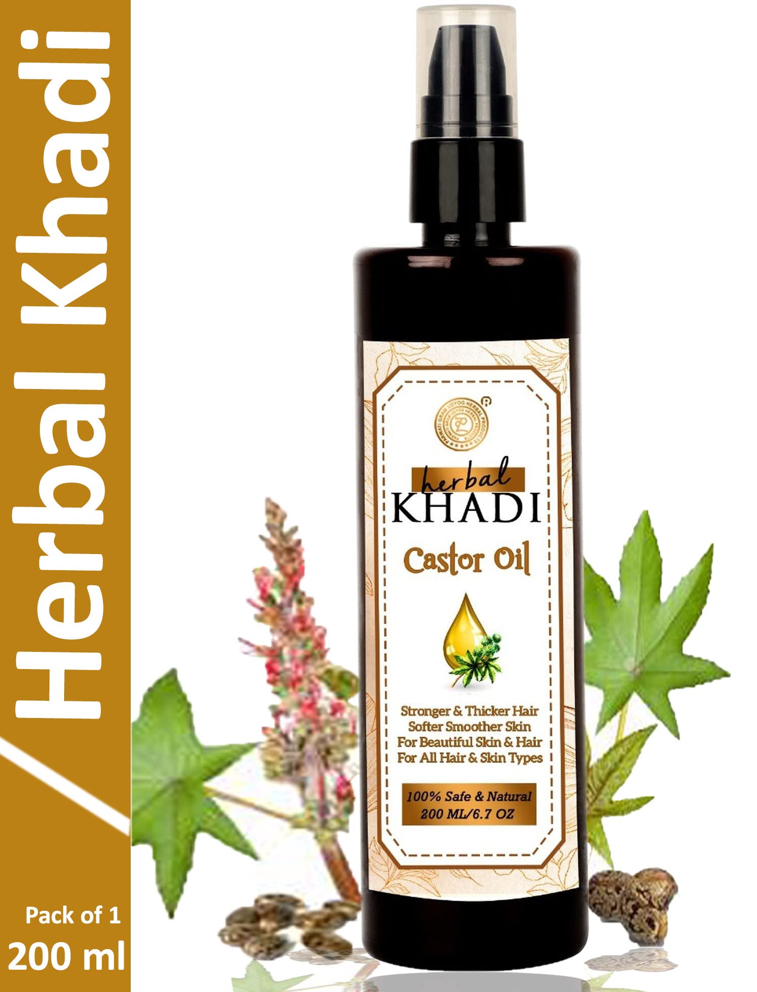 Organic Khadi Cold-Pressed Castor Oil for Hair Growth, Skin Care, Eyebrows, Eyelashes & Nails – 200ml | Natural Hair & Beauty Treatment for Thicker Hair & Healthy Skin | Perfect for DIY Beauty Routines & Home Spa Days
