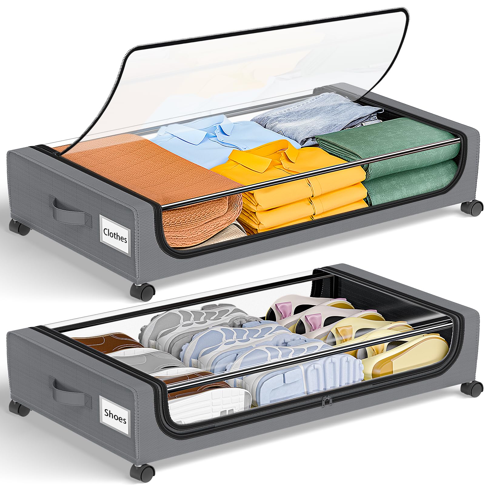 GoMaihe Under Bed Storage with Wheels: XXL Underbed Storage Bins with Lids - Rolling Drawers for Shoes, Clothes & Bedding - Space-Saving Organizer for Dorm, Bedroom, Closet - Easy Pull-Out Grey 2-Pack - Perfect for Seasonal Storage & Small Space Organization
