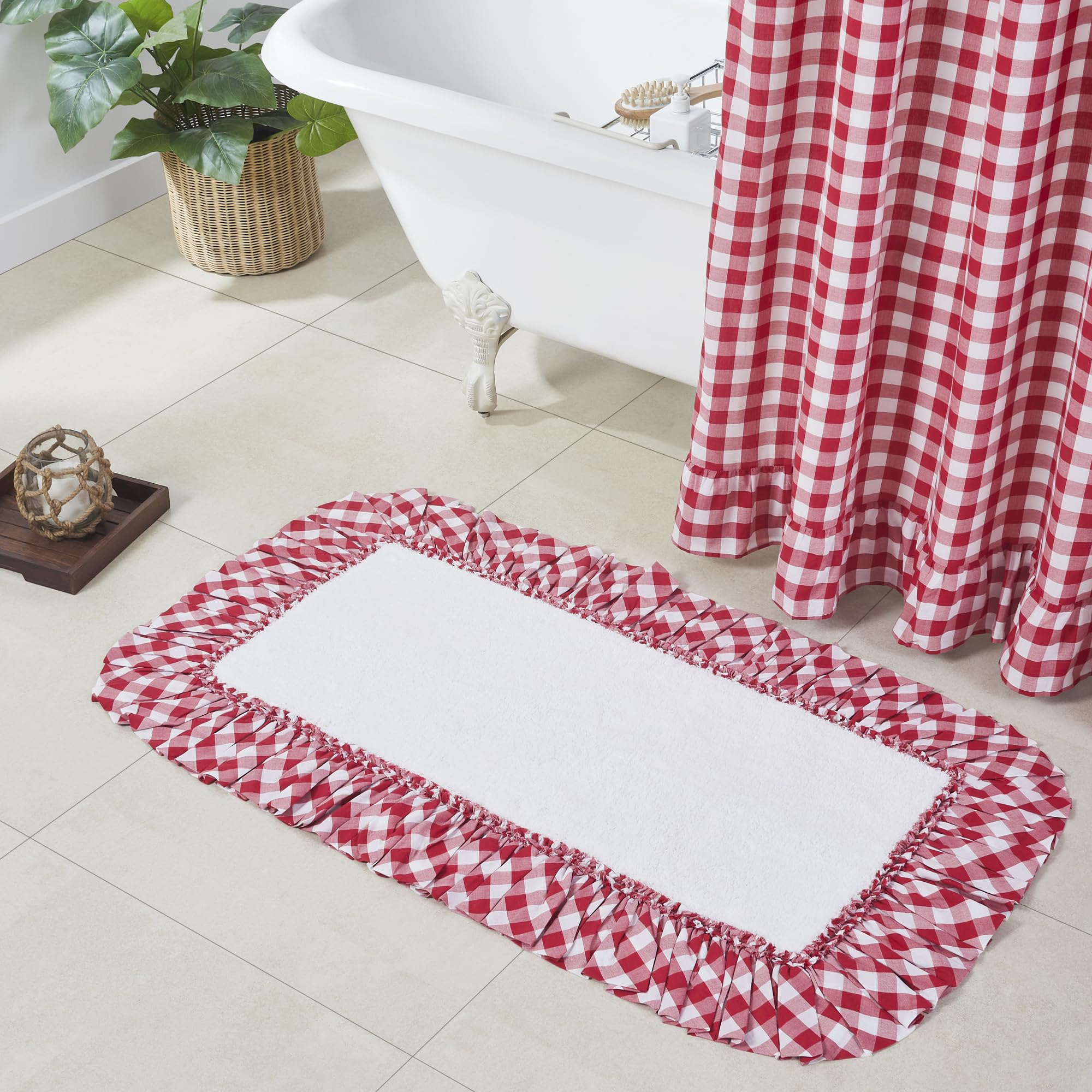 Annie Buffalo Check Bath Mat - Farmhouse Ruffled Country Checkered Gingham Bathroom Rug - Non-Slip Absorbent Cotton - 27x48 Inches - Red - Perfect for Farmhouse, Cottage & Vintage Style Bathrooms