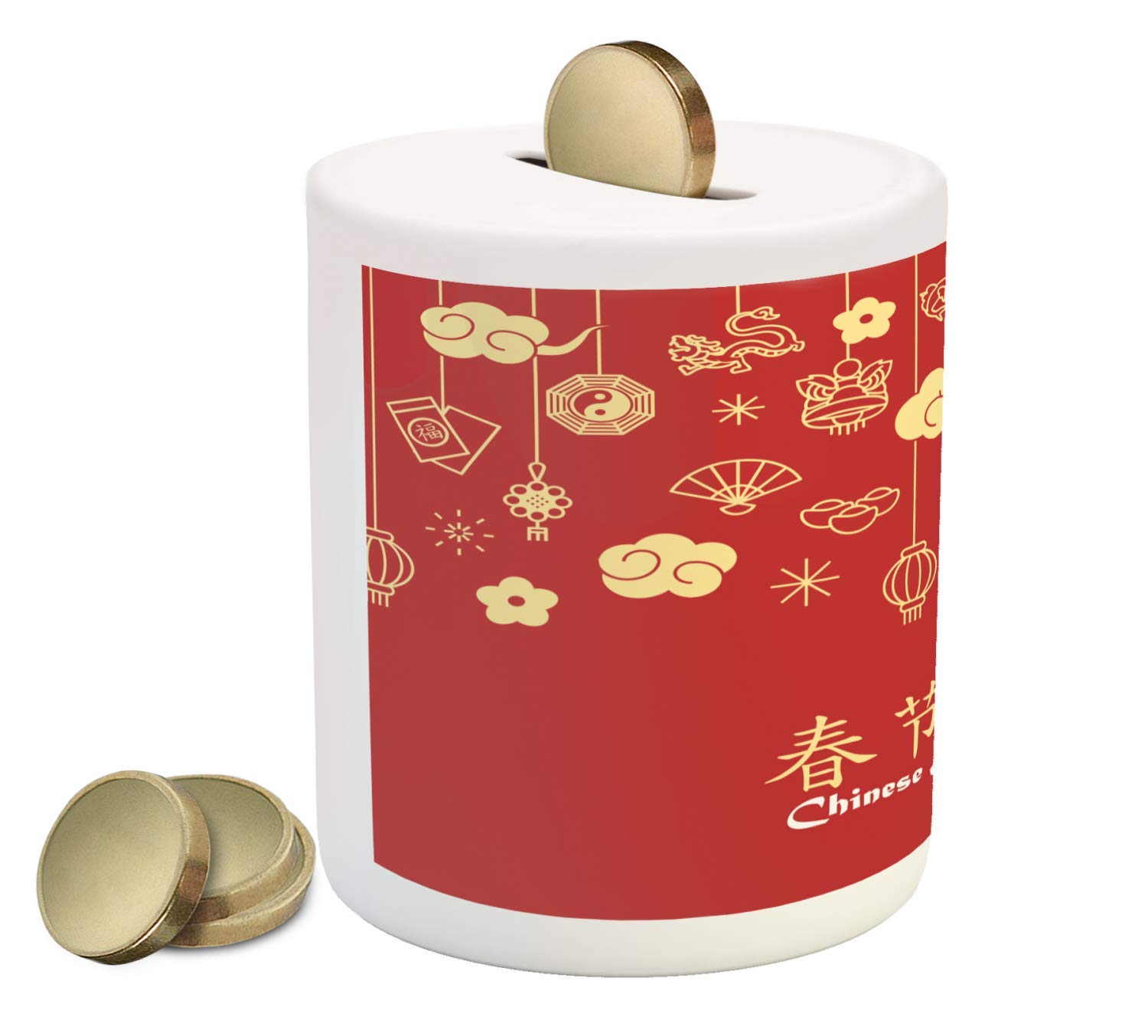 Ambesonne Chinese New Year Piggy Bank - Oriental Celebration Ceramic Coin Bank with Swirling Clouds & Ornaments for Cash Saving, Dark Coral Pale Yellow White | Perfect Gift for Lunar New Year, Birthday & Money Saving Goals