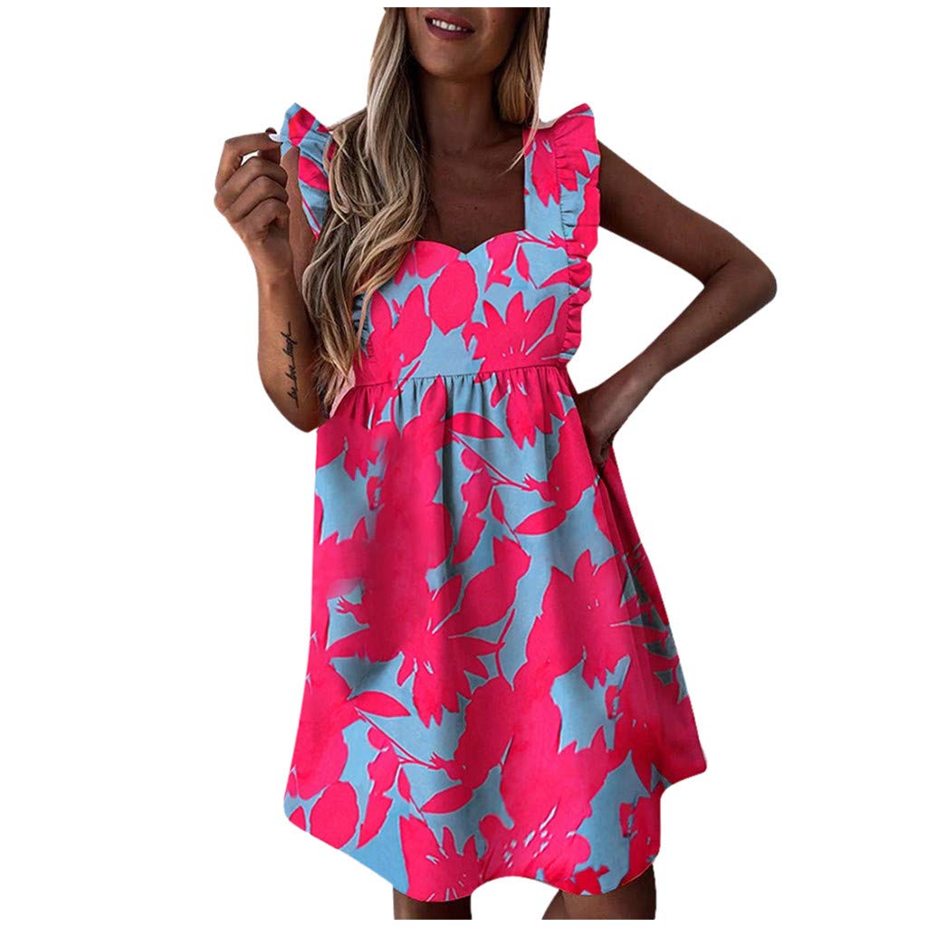 Women's Sleeveless Floral Print Ruffled Short Dress - Casual Summer O-Neck Sundress for Beach, Party & Everyday Wear