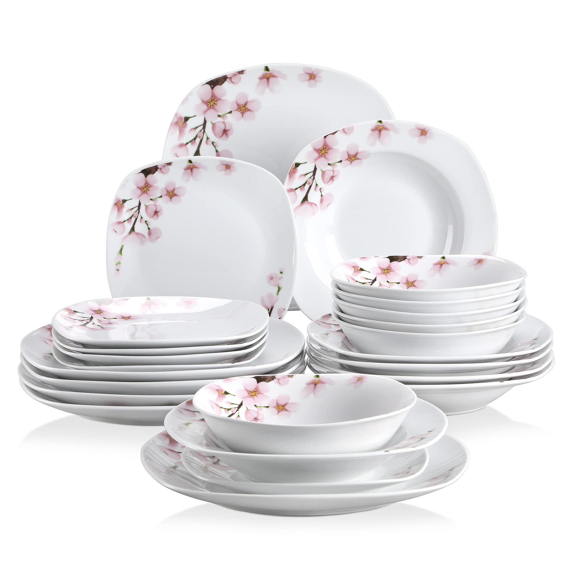 VEWEET Annie Series 24-Piece White Porcelain Dinnerware Set for 6 - Includes Dinner Plates, Dessert Plates, Soup Bowls & Salad Plates with Pink Floral Design | Perfect for Family Dining, Dinner Parties & Restaurant Use