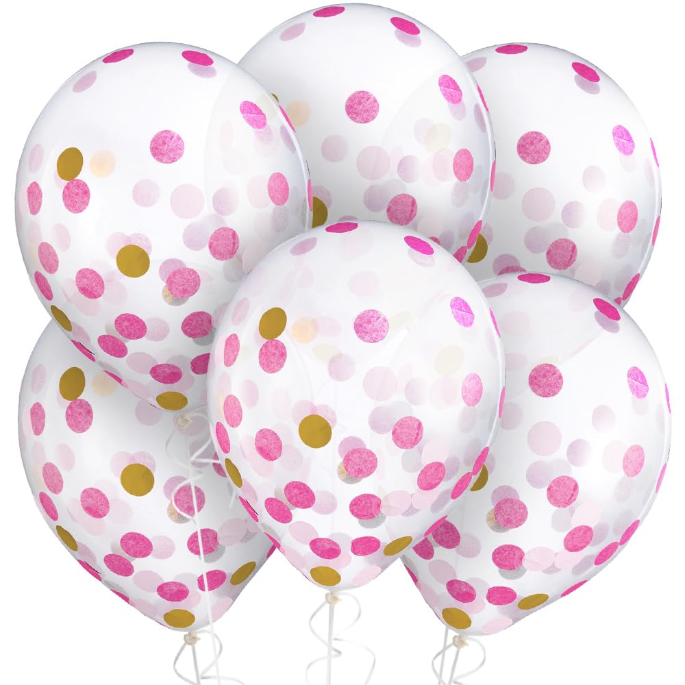 Pink & Gold Confetti Latex Balloons 12 Inch (6 Pack) - Premium Party Decorations for Birthday, Baby Shower, Wedding & Special Events - Perfect for Indoor & Outdoor Celebrations