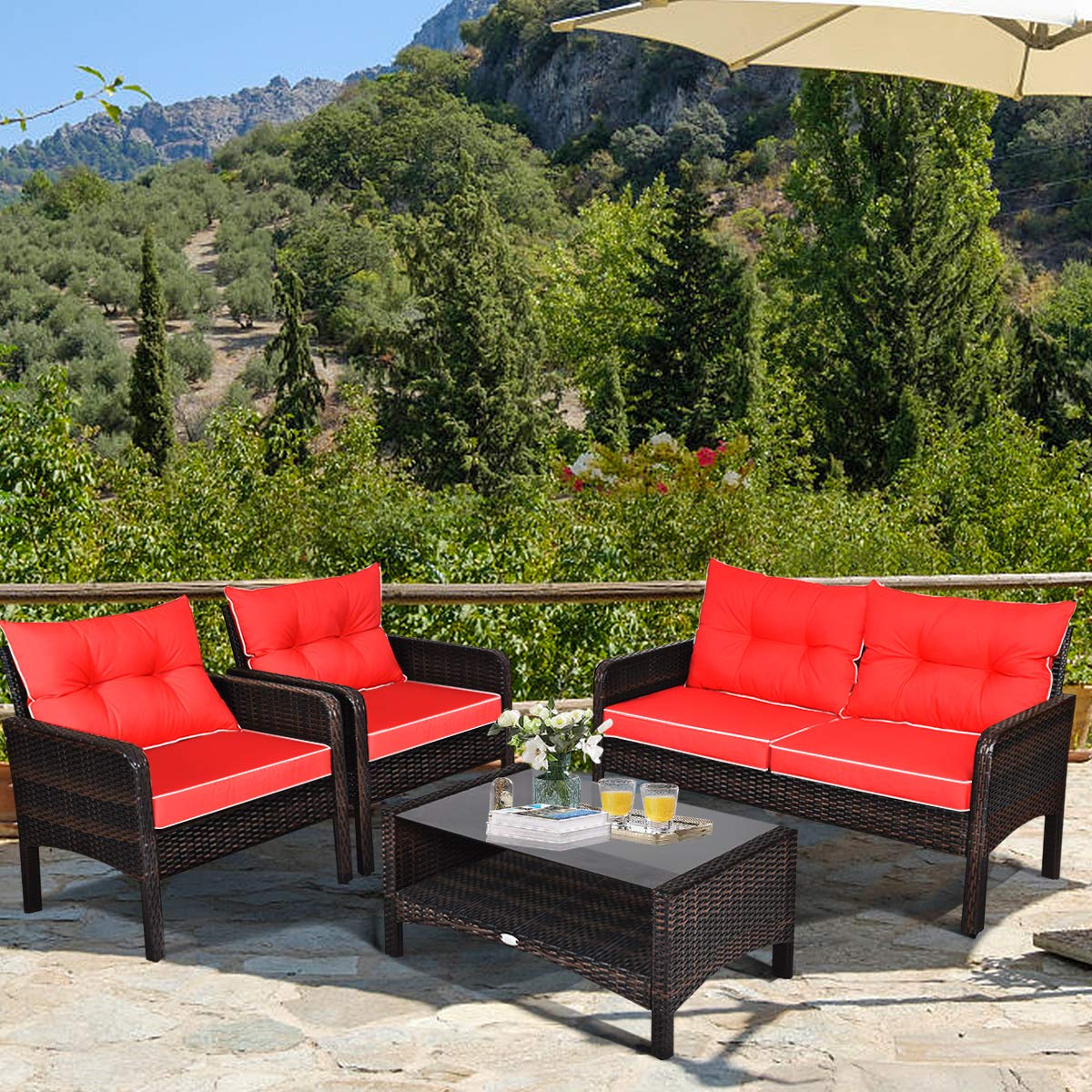 HAPPYGRILL 4-Piece Rattan Patio Furniture Set with Cushions & Coffee Table - Perfect for Outdoor Relaxation