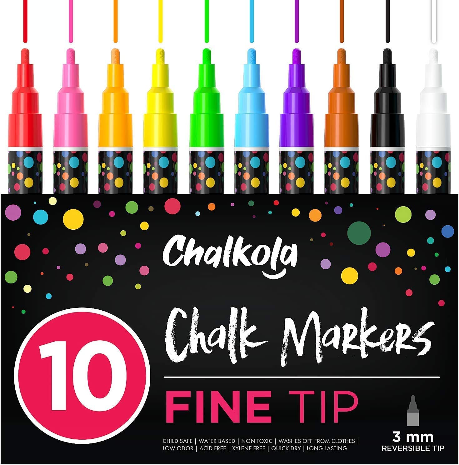 10 Pack Fine Tip Liquid Chalk Markers (3mm Reversible Tip) - Wet Wipe Erasable Ink for Chalkboard, Blackboard, Window, Glass, Car & Labels - Perfect for Restaurants, Cafes, Retail Signs & DIY Projects - Chalkola Chalk Pens
