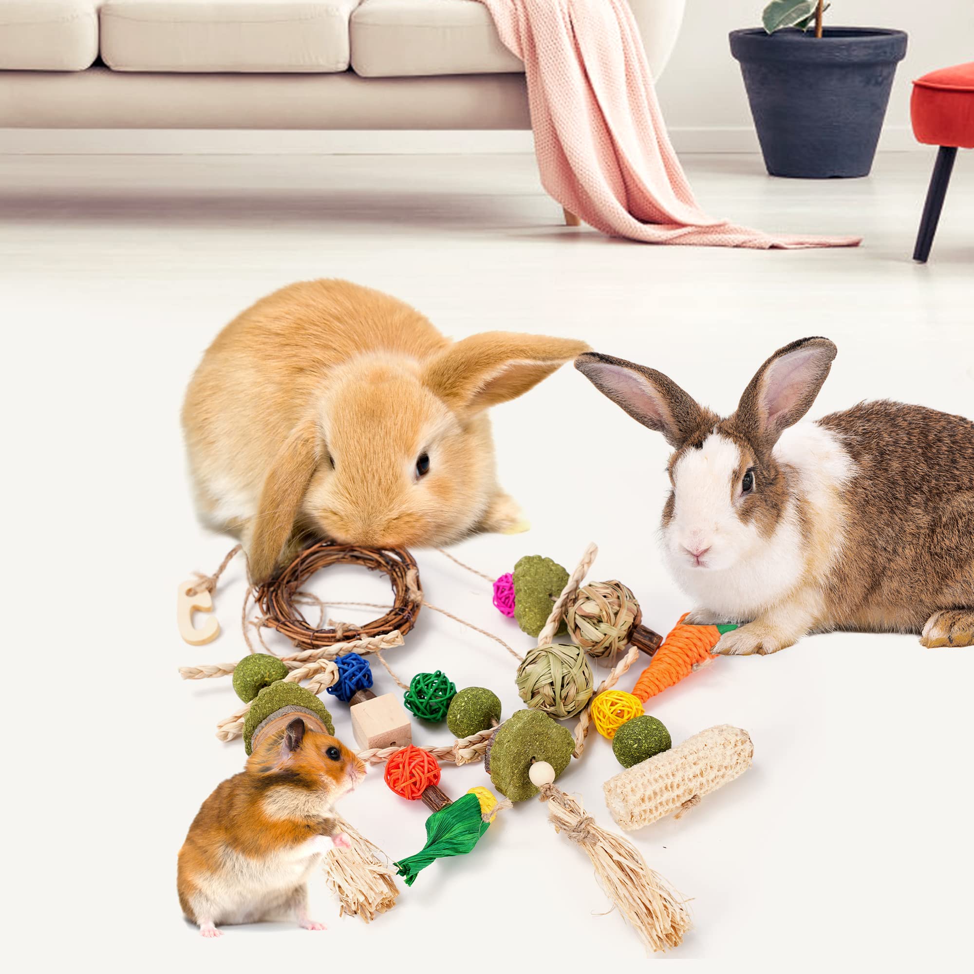 Natural Rattan Chew Toys for Rabbits, Guinea Pigs & Small Pets - Teeth Grinding Treats with Hanging Ring for Cage | Safe Bunny Chew Toys for Dental Health & Stress Relief - Perfect for Playtime & Cage Enrichment