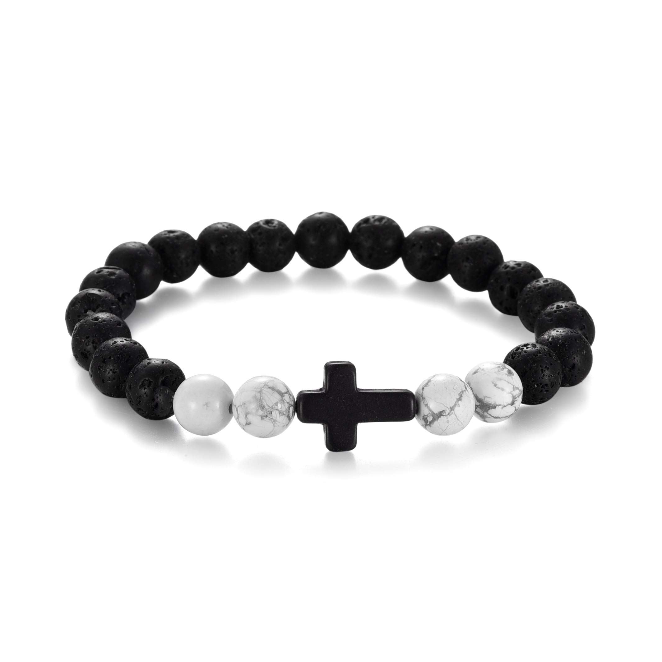 4PCS Cross Beads Stretch Bracelets for Men & Women - 8mm Healing Lava Stone Beaded Bracelet Set (7.5