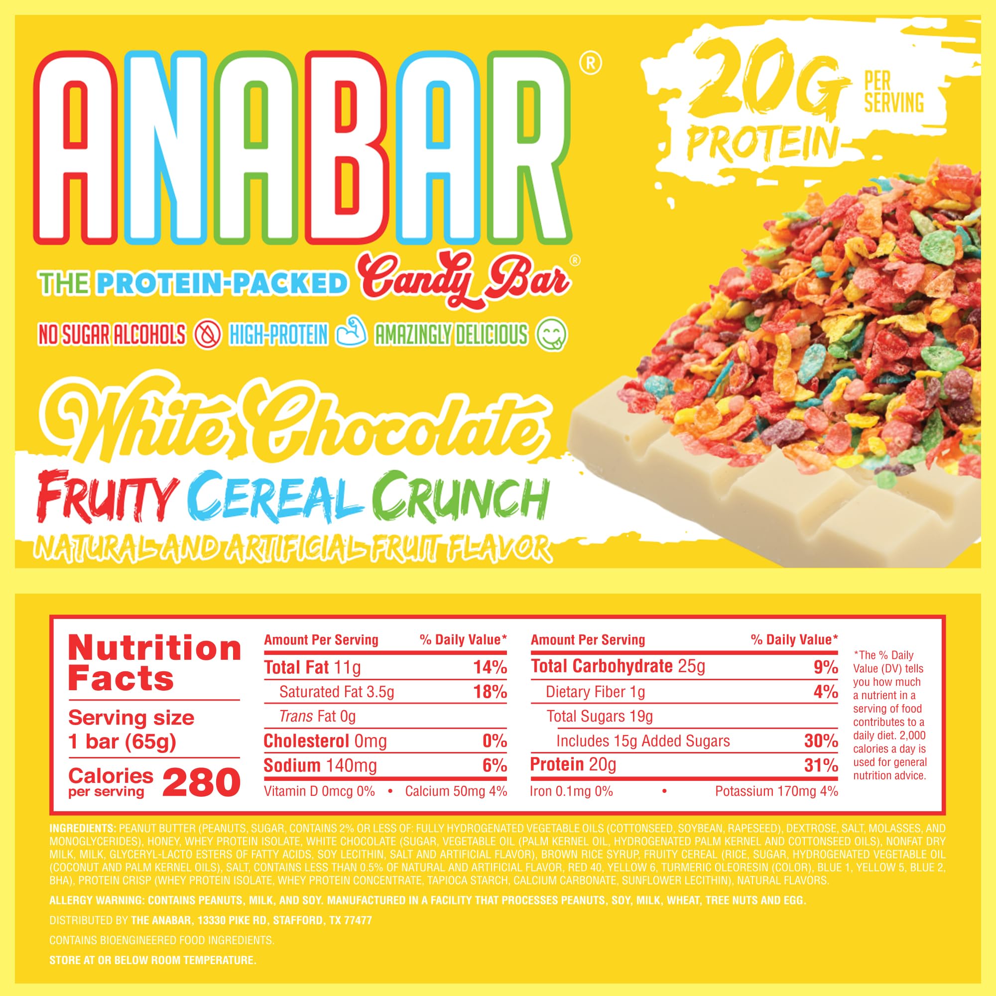 Anabar High Protein Bar - 20g Protein, No Sugar Alcohols, White Chocolate Fruity Cereal Crunch (12 Bars) | Delicious Healthy Snack for Gym, Hiking & Weight Loss