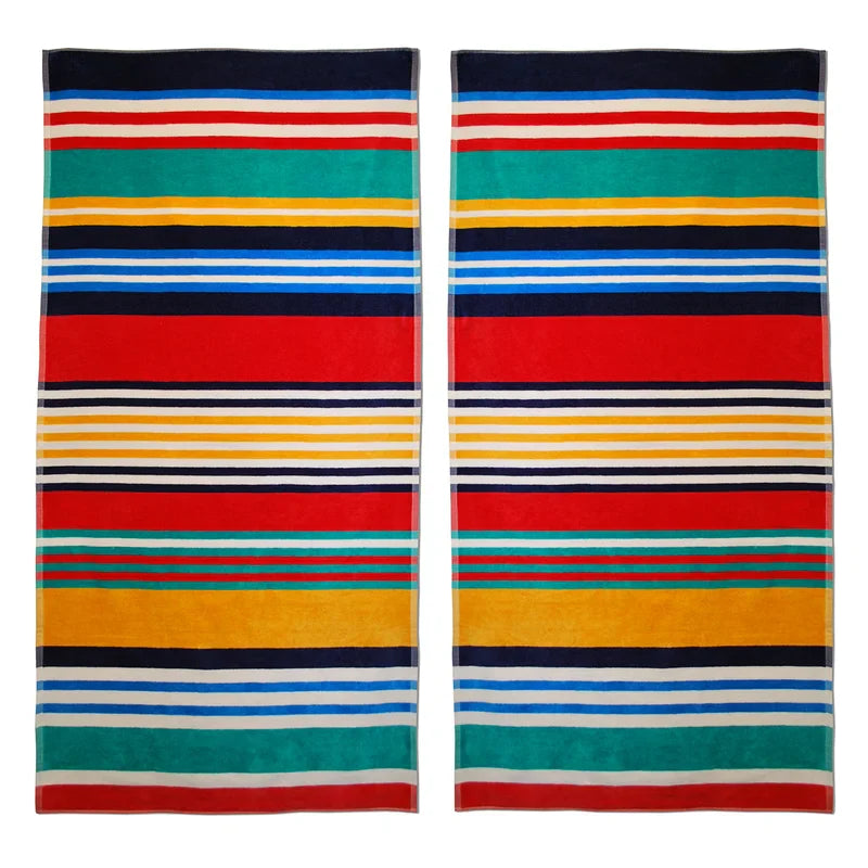 Soft Cotton Multicolored Striped Oversized 2-Piece Beach Towel Set - Perfect for Pool, Beach, Vacation & Spa Days