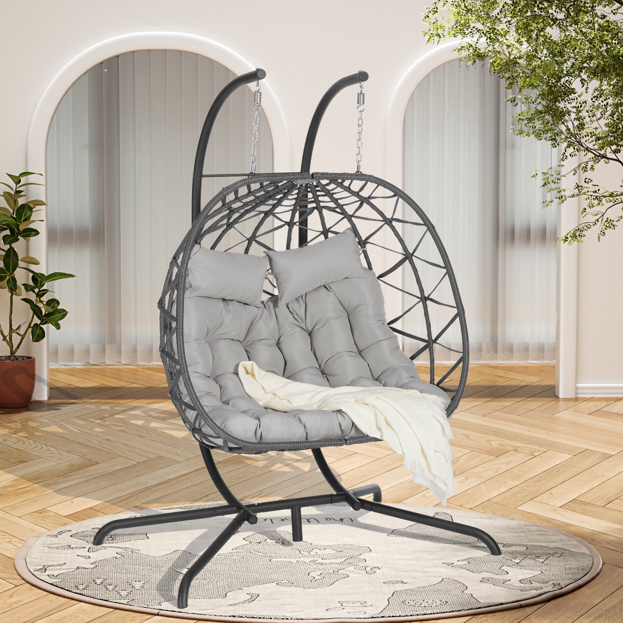 Double Egg Chair with Stand - Hanging Indoor/Outdoor Wicker Rattan Swing Chair with UV-Resistant Cushions (600 lbs Capacity) - Perfect for Bedroom, Balcony, Patio, Garden & Backyard Relaxation