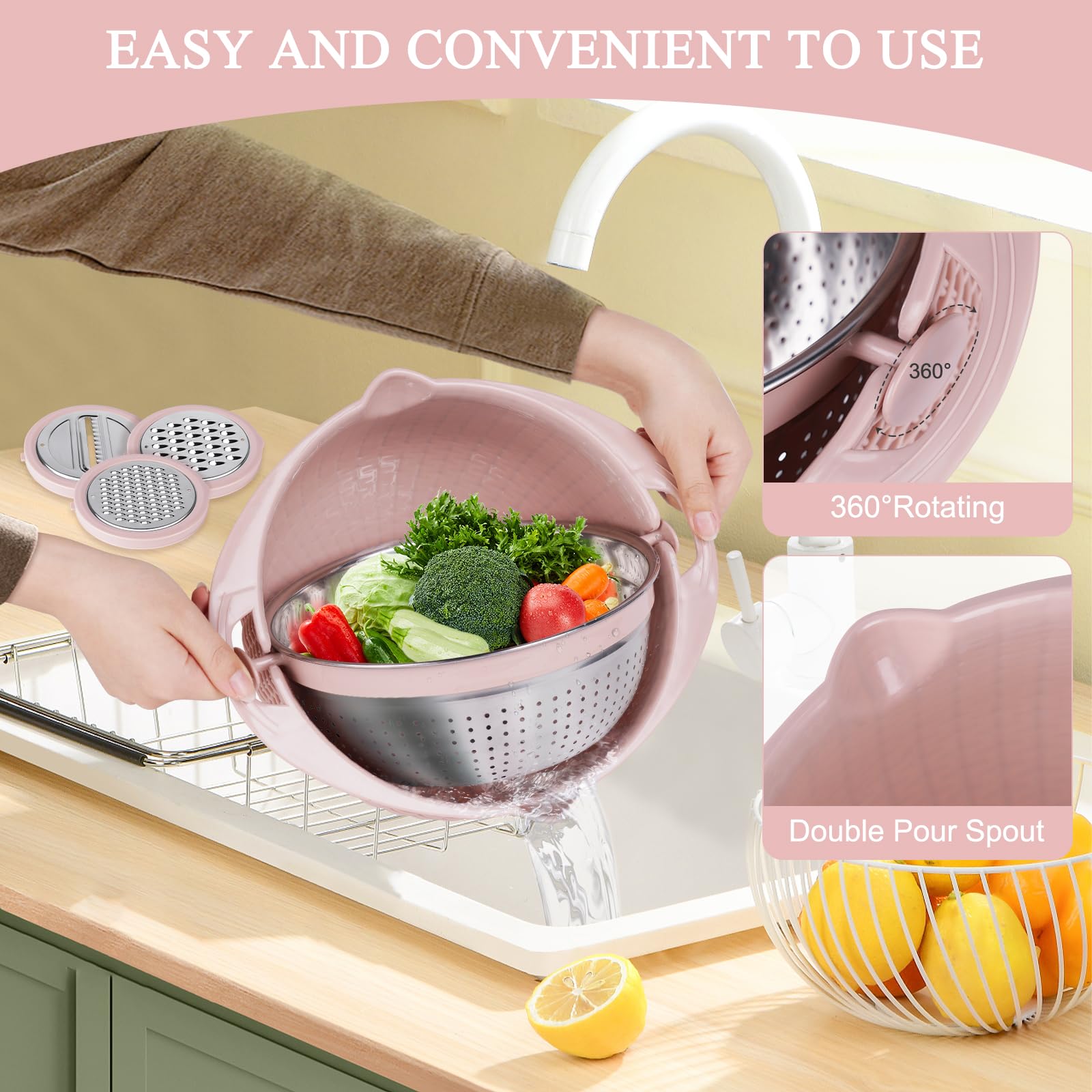 4-in-1 Rotating Colander and Mixing Bowl Set - Kitchen Strainer for Pasta, Rice, Fruits & Vegetables - BPA-Free Food Colander with Handle - Perfect for Washing, Draining & Food Prep (Pink)