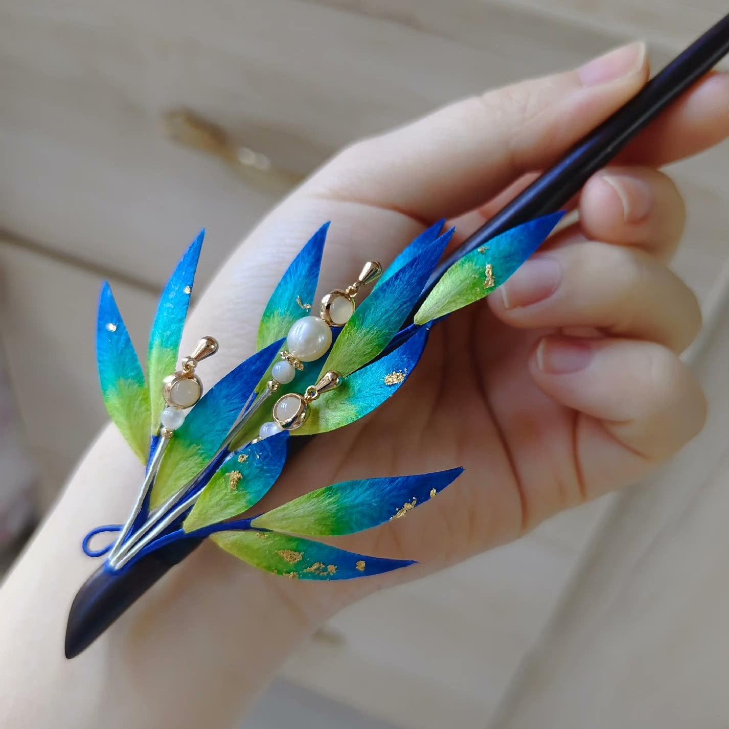 Exquisite Blue Leaves Silk Hairpin - Handcrafted Hair Accessory for Women | Elegant Hair Styling for Weddings, Parties & Special Occasions