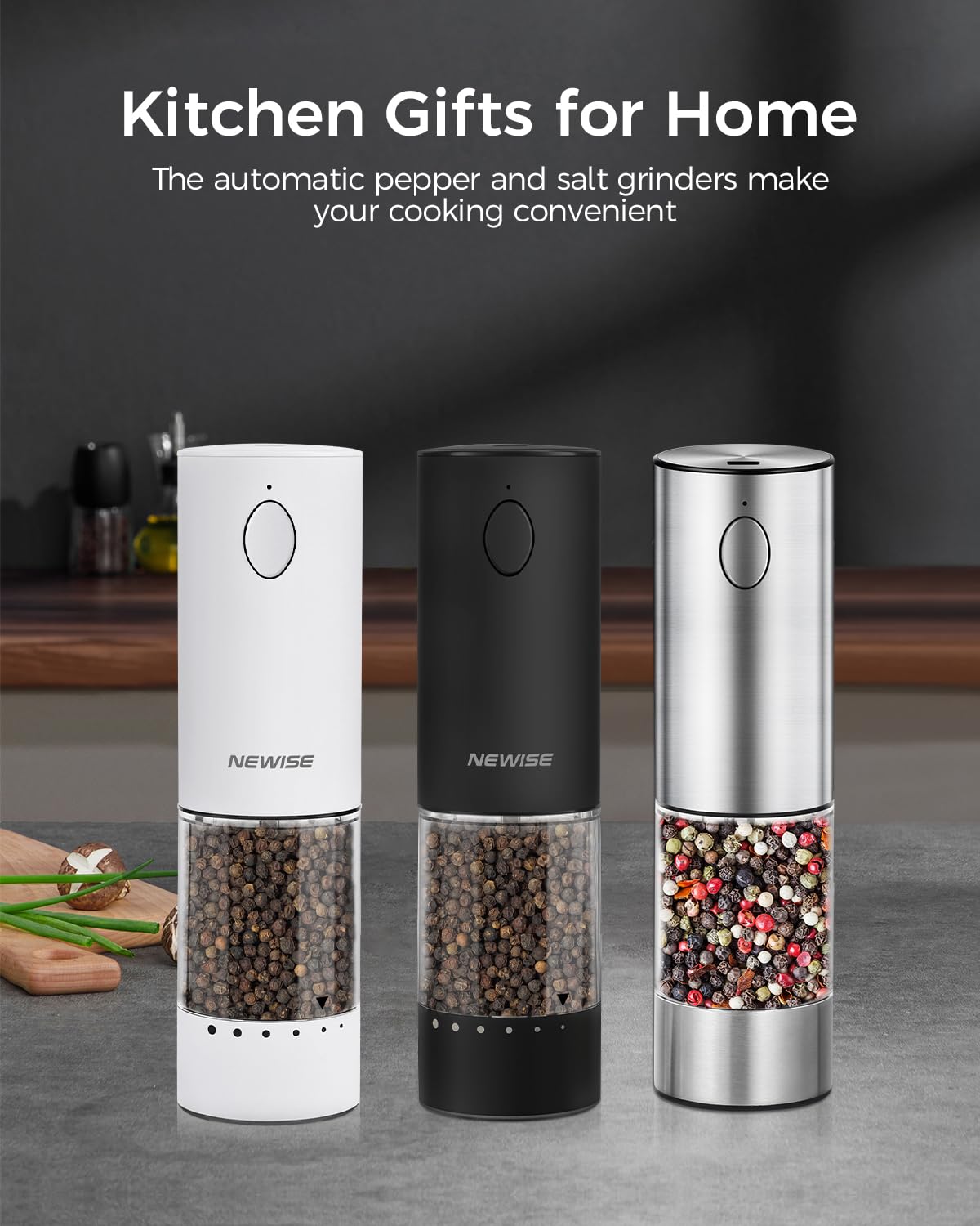 Rechargeable Electric Salt and Pepper Grinder Set with LED Light - Automatic Adjustable Coarseness - 2 Pack Black & White Kitchen Gadgets - Perfect for Cooking, Dining & Housewarming Gifts for New Home