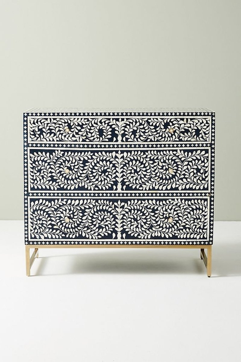 Handmade Bone Inlay Spiral Design Cabinet in Navy Blue - Vintage Boho Home Decor for Living Room, Bedroom & Office Storage