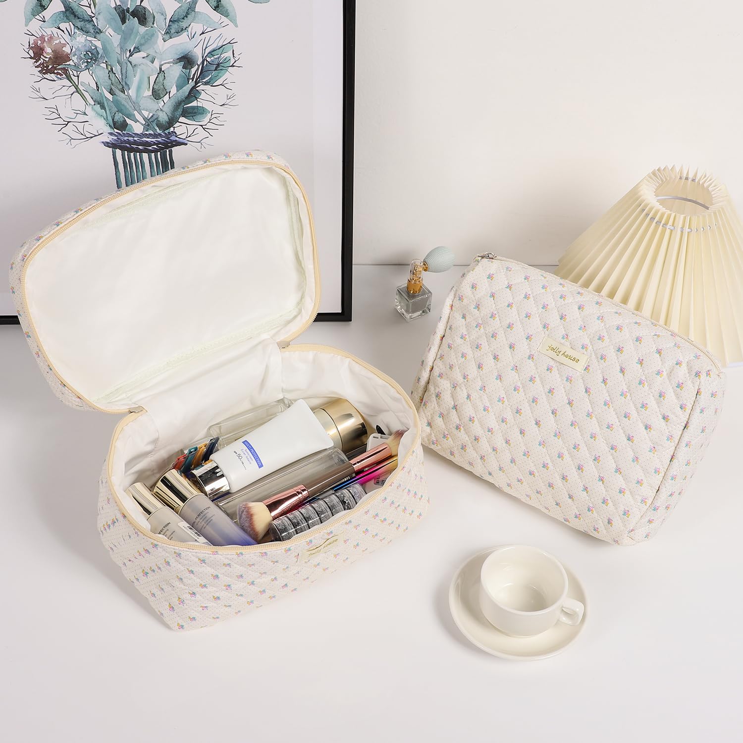 Sightor Large Cotton Quilted Makeup Bag with Handle - Cute Floral Cosmetic Toiletry Bag for Women, Travel Organizer, Perfect for Travel, Gym, and Daily Use