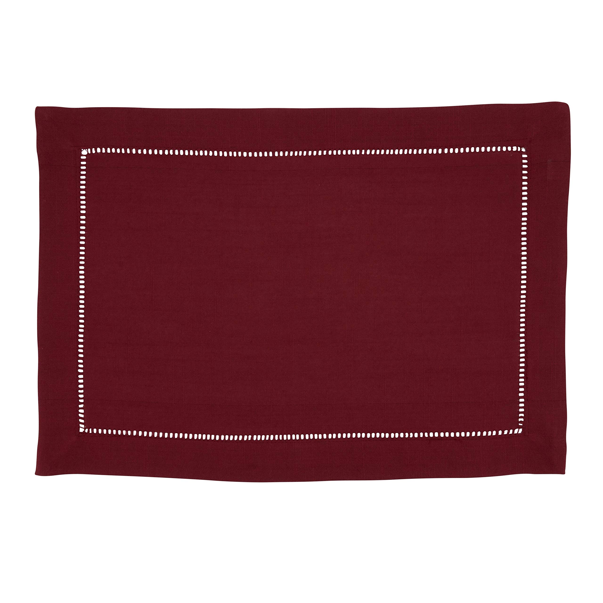 Premium Classic Hemstitch Border Placemats Set of 12 - Red Oblong Polyester Table Mats for Dining, Parties & Home Decor