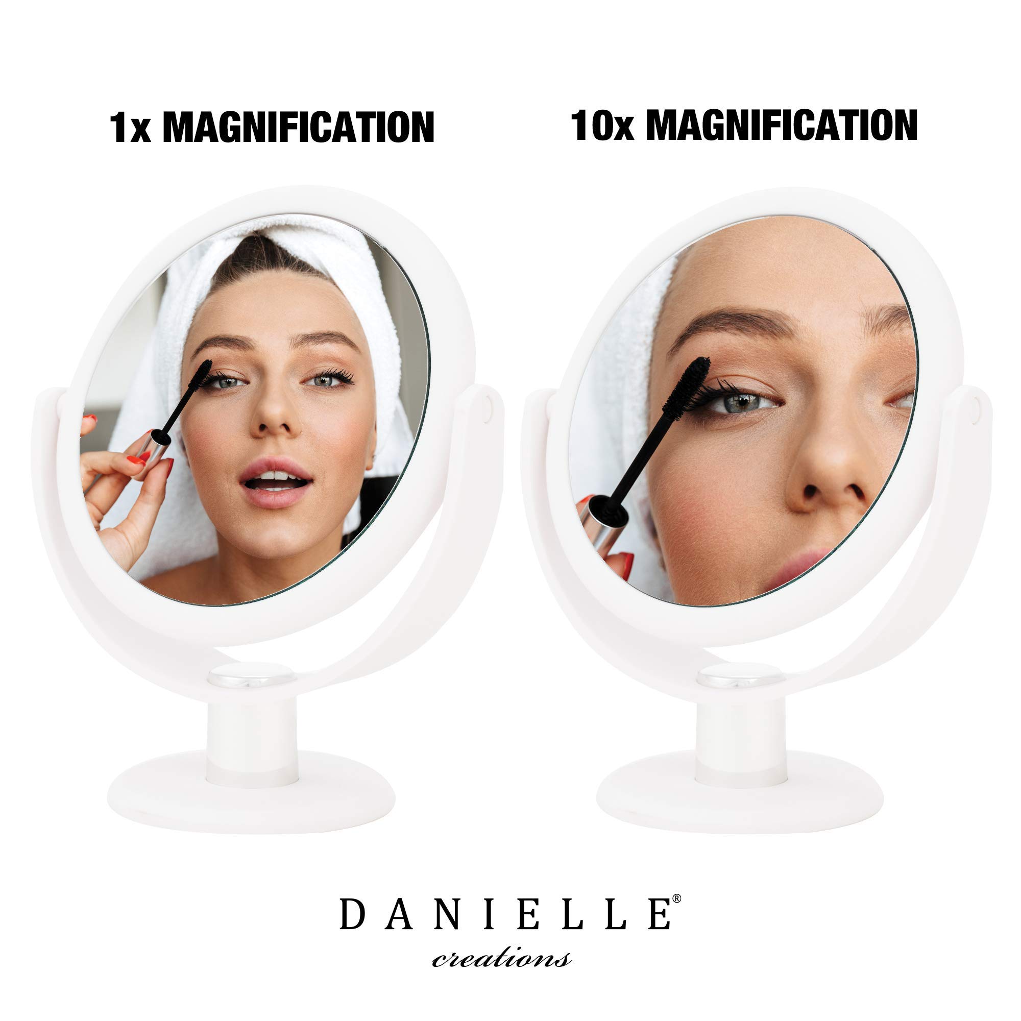 Danielle Creations 6.75-Inch Portable Two-Sided Vanity Makeup Mirror with 10x Magnification - 360° Rotation, No-Slip Soft Touch, White | Perfect for Home, Travel & Professional Makeup Application