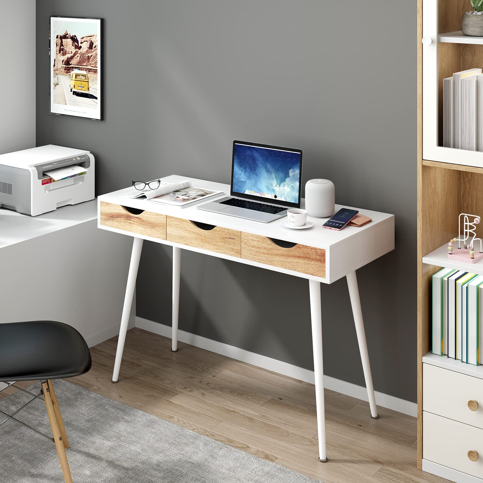 Mid Century Modern Computer Desk with 3 Drawers - 43 Inch Office Writing Desk, Study Table & Vanity Makeup Desk for Home Office, Bedroom or Dorm Room | Sturdy Workstation for Remote Work, Online Classes & Beauty Routine