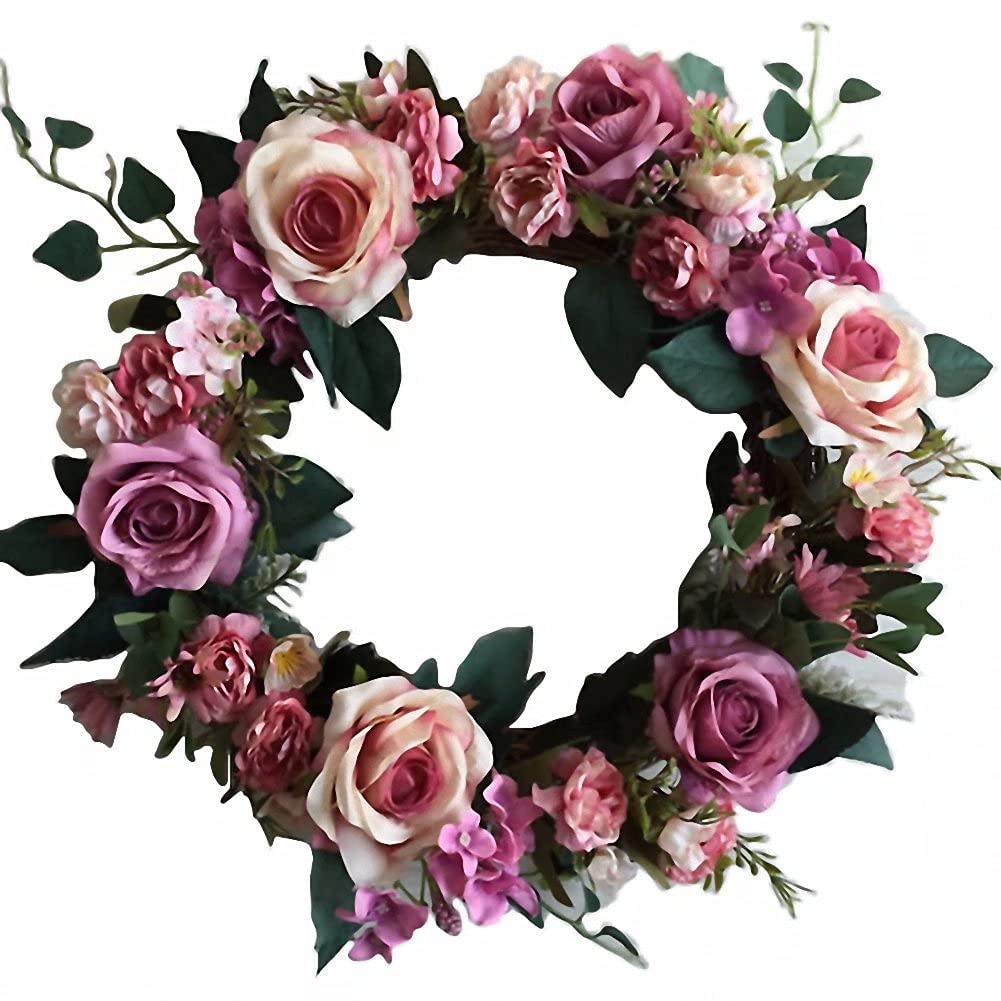 16 Inch Artificial Silk Rose Flower Wreath with Green Leaves - Purple Wedding Door Garland for Home Decor, Party Welcome Sign & Lintel Decoration - Perfect for Weddings, Anniversaries, and Seasonal Front Door Decor