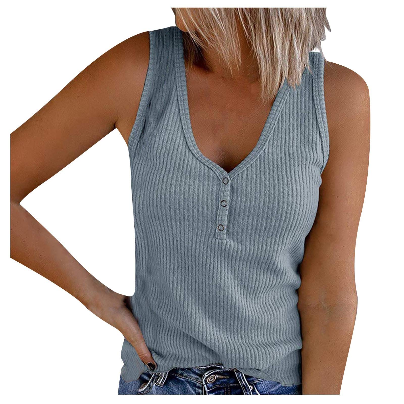 Women's Low Cut Sleeveless Button Down V-Neck Tank Tops - Solid Summer Tee Shirts for Casual Wear, Beach Outfits & Layering