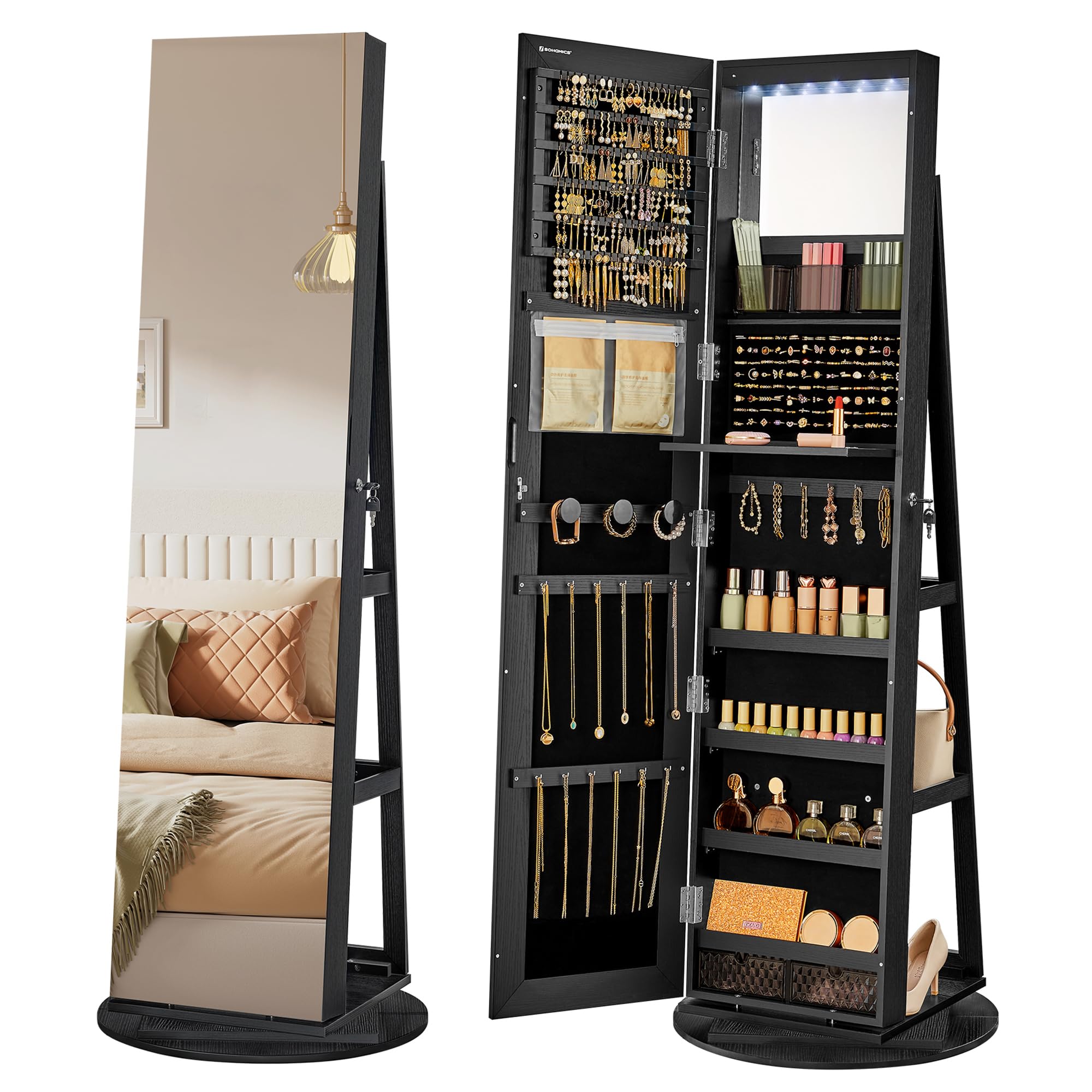 SONGMICS 6-LED Lockable Jewelry Cabinet with Full-Length Mirror - 360° Swivel Jewelry Organizer with 3 Storage Shelves, Black Finish - Perfect for Bedroom, Walk-in Closet & Dressing Room Organization