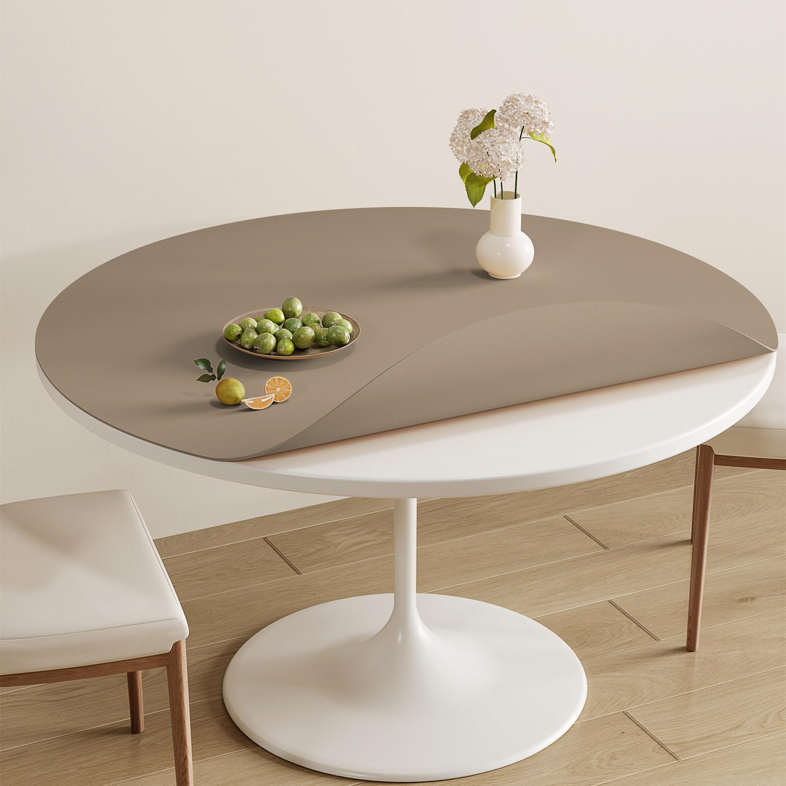 Round PVC Table Cover Protector - Stain & Dirt Resistant Waterproof Tablecloth for Dining Tables, Buffet Parties, Camping & Outdoor Picnics - Non-Slip Desk Mat for Office, Kitchen & Home Decor (Milk Brown, 31.5