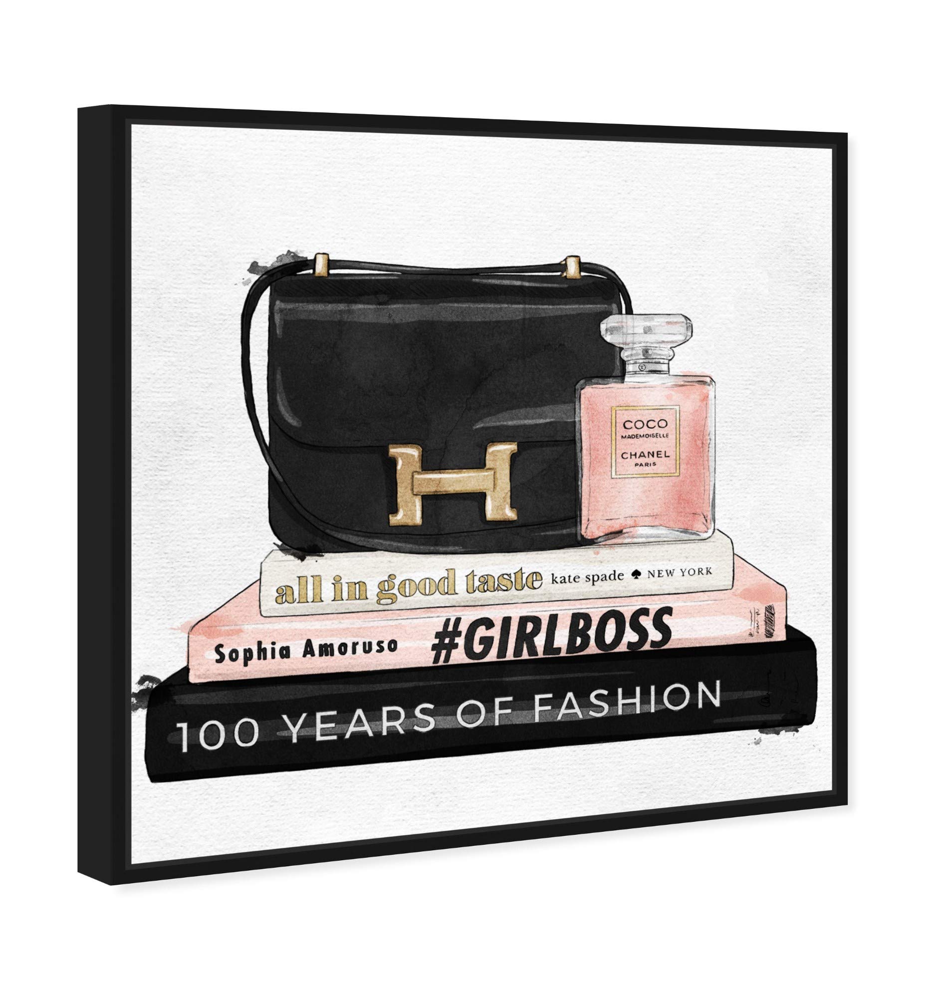 Oliver Gal Artist Co. 'My Always Essentials' Fashion Glam Wall Art - 24x24 Inch Framed Canvas Print in Black & Pink - Perfect for Handbag Lover Home Décor & Bedroom/Office Wall Decor
