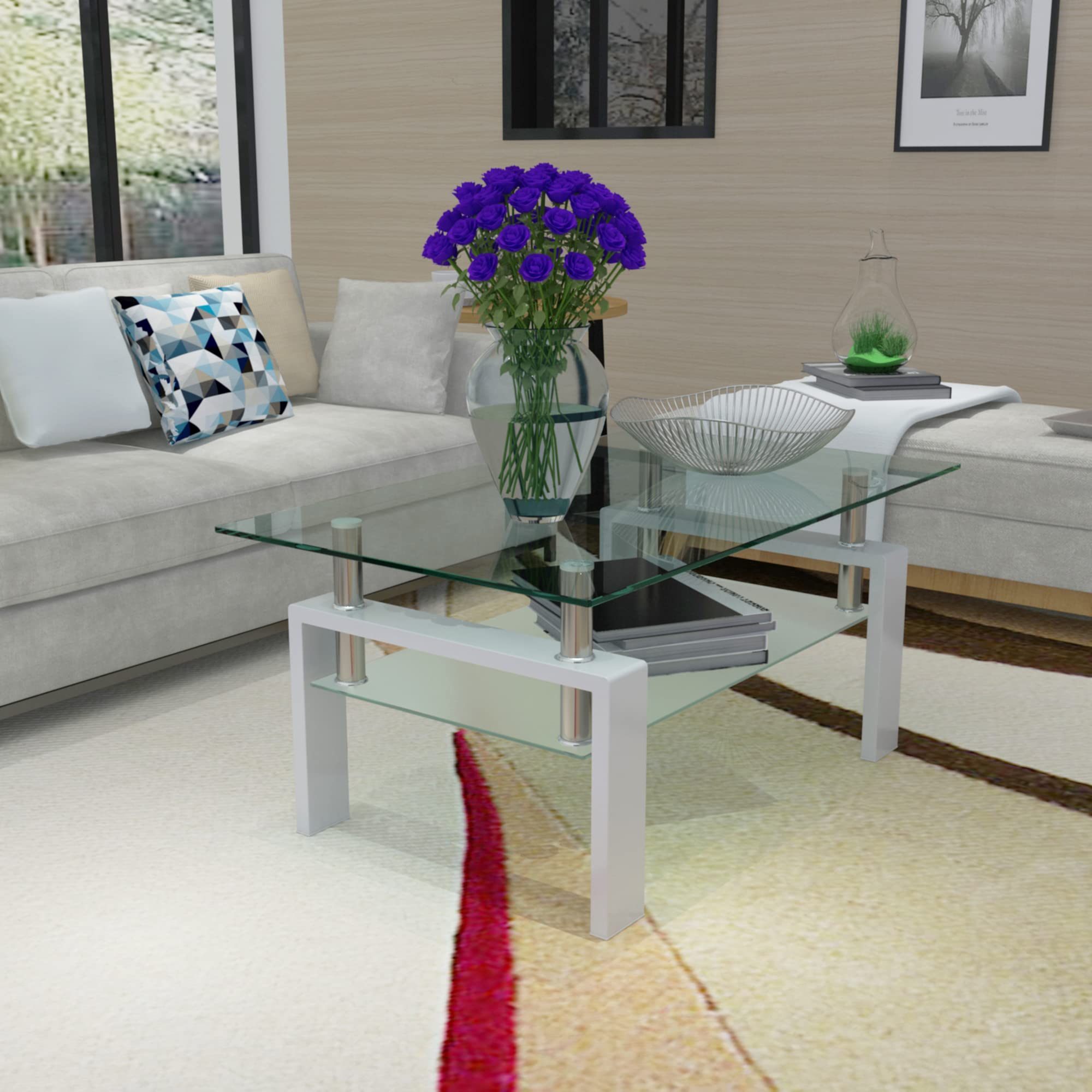 Modern White Glass Coffee Table with Metal Legs and Lower Shelf - Rectangle Living Room Side Table for Home Decor, Office, or Lounge Use