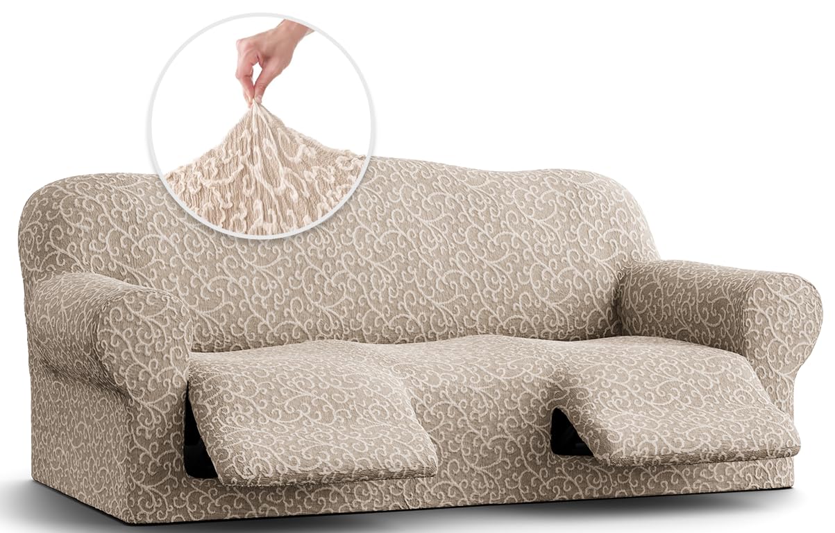 PAULATO BY GA.I.CO. Recliner Sofa Cover - Stretchable 1-Piece Slipcover for Reclining Sofas - Soft Polyester Fabric Protector - Jacquard 3D Design in Beige Arabesco - Perfect for Living Room, Home Theater & Family Room Furniture Protection