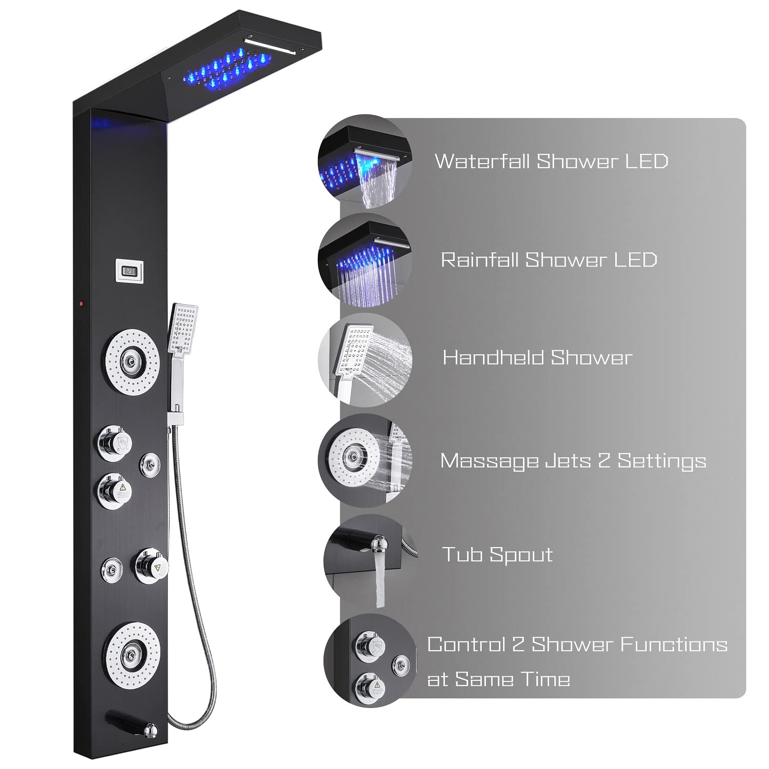 ELLO&ALLO Black Stainless Steel Shower Panel Tower with LED Rainfall Shower Head, 6 Body Jets & Multi-Function Massage System - Perfect for Luxury Bathroom & Spa Experience